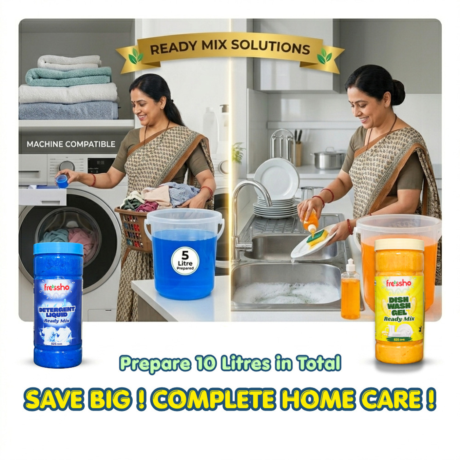 Image of Fressho Detergent Liquid & Dishwash Gel Readymix Combo | Make 10L at Home | Fresh Liquid Detergent