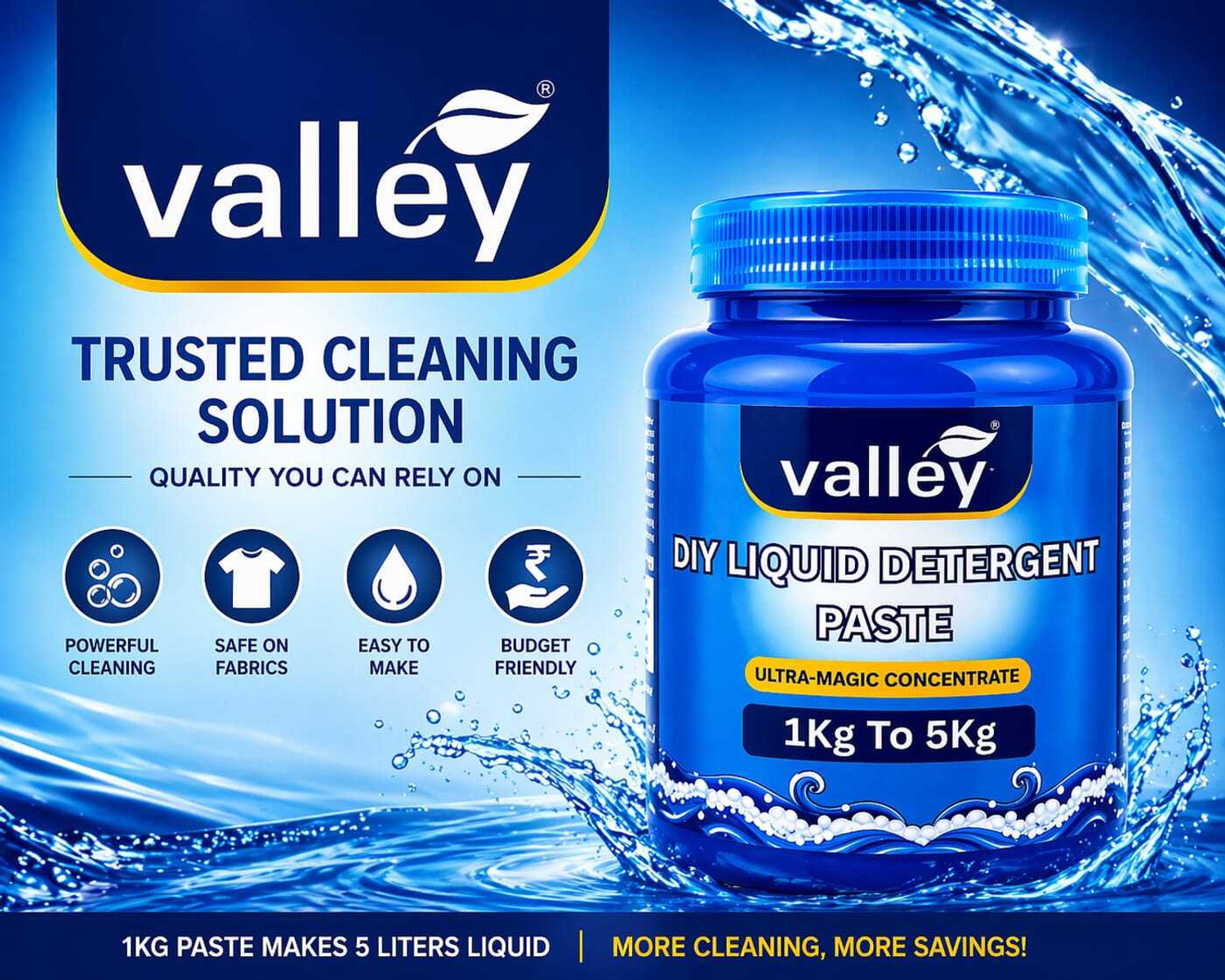 Image of Valley DIY Liquid Detergent Paste 1kg (Makes 5L Liquid) Aqua Liquid Detergent