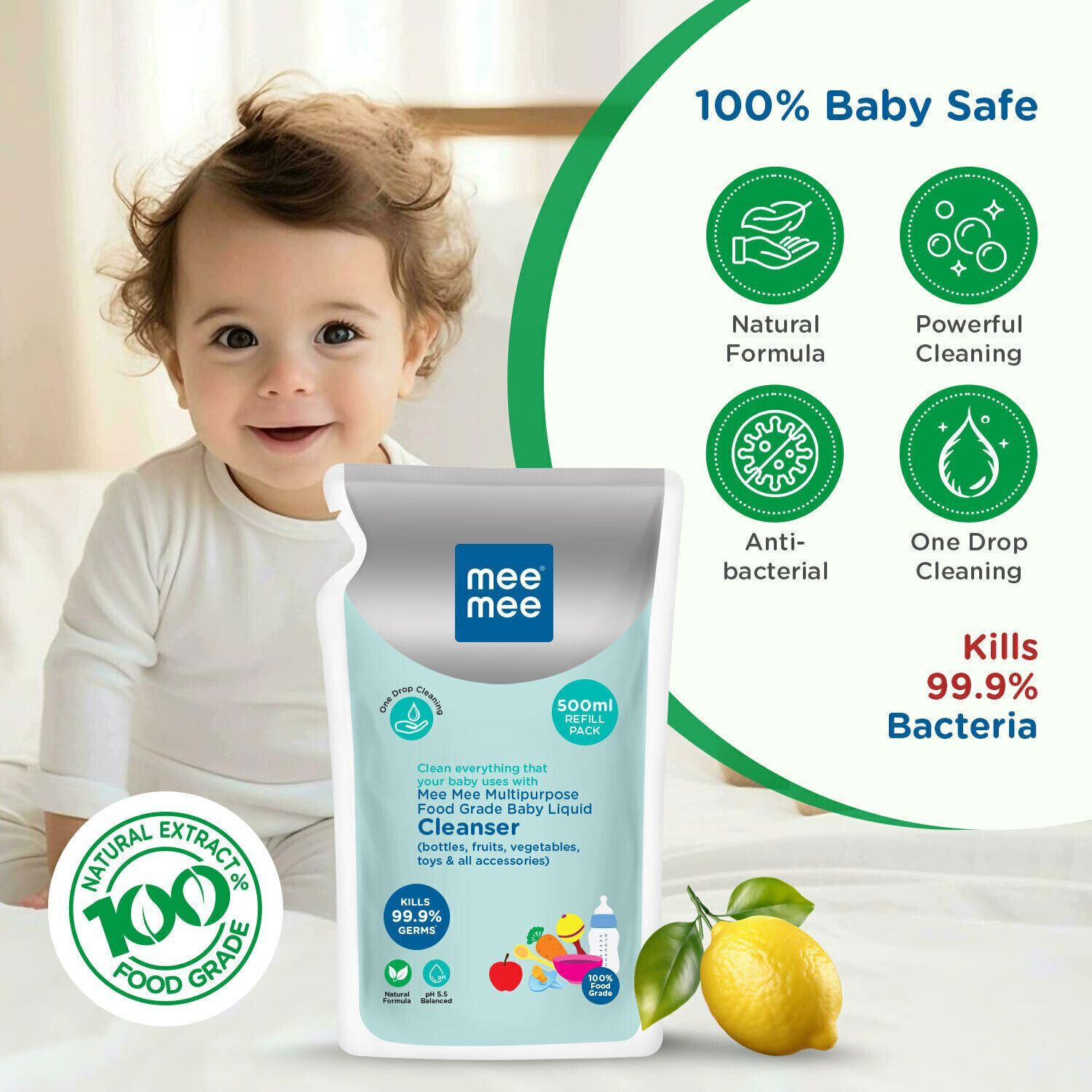 Image of MeeMee Baby Food Grade Cleanser Kills 99.9% Germs for Baby Accessories, Toys & Veggies Liquid Detergent (0.5 L)