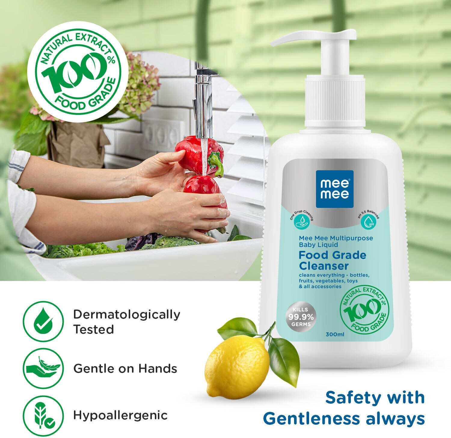 Image of MeeMee Baby Food Grade Cleanser Kills 99.9% Germs for Baby Accessories, Toys & Veggies Liquid Detergent (300 ml)