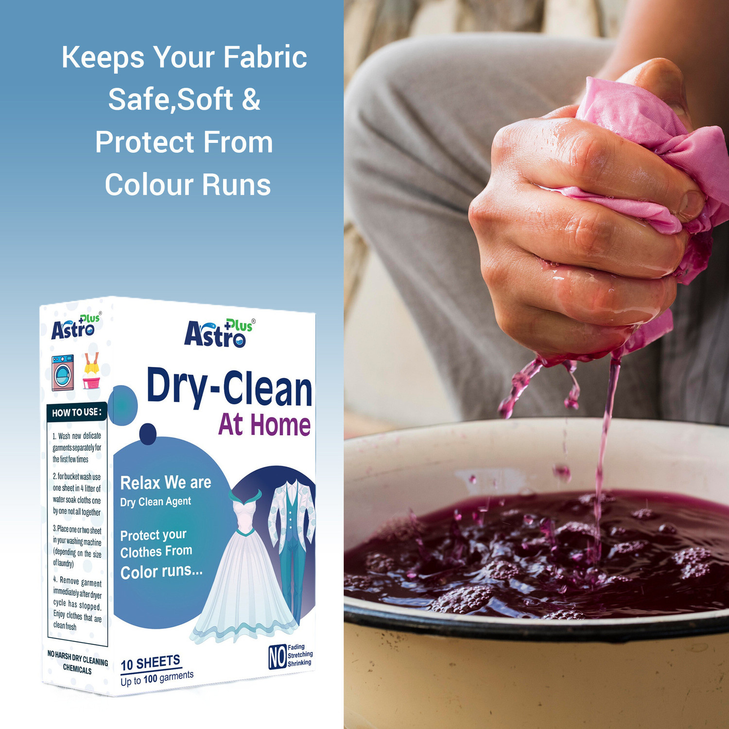 Image of ASTRO PLUS+ Dry Clean At-Home Liquid Sheets for Silk, Cotton & Wool | Gentle Scent Care Wash Fresh Liquid Detergent (150 g)