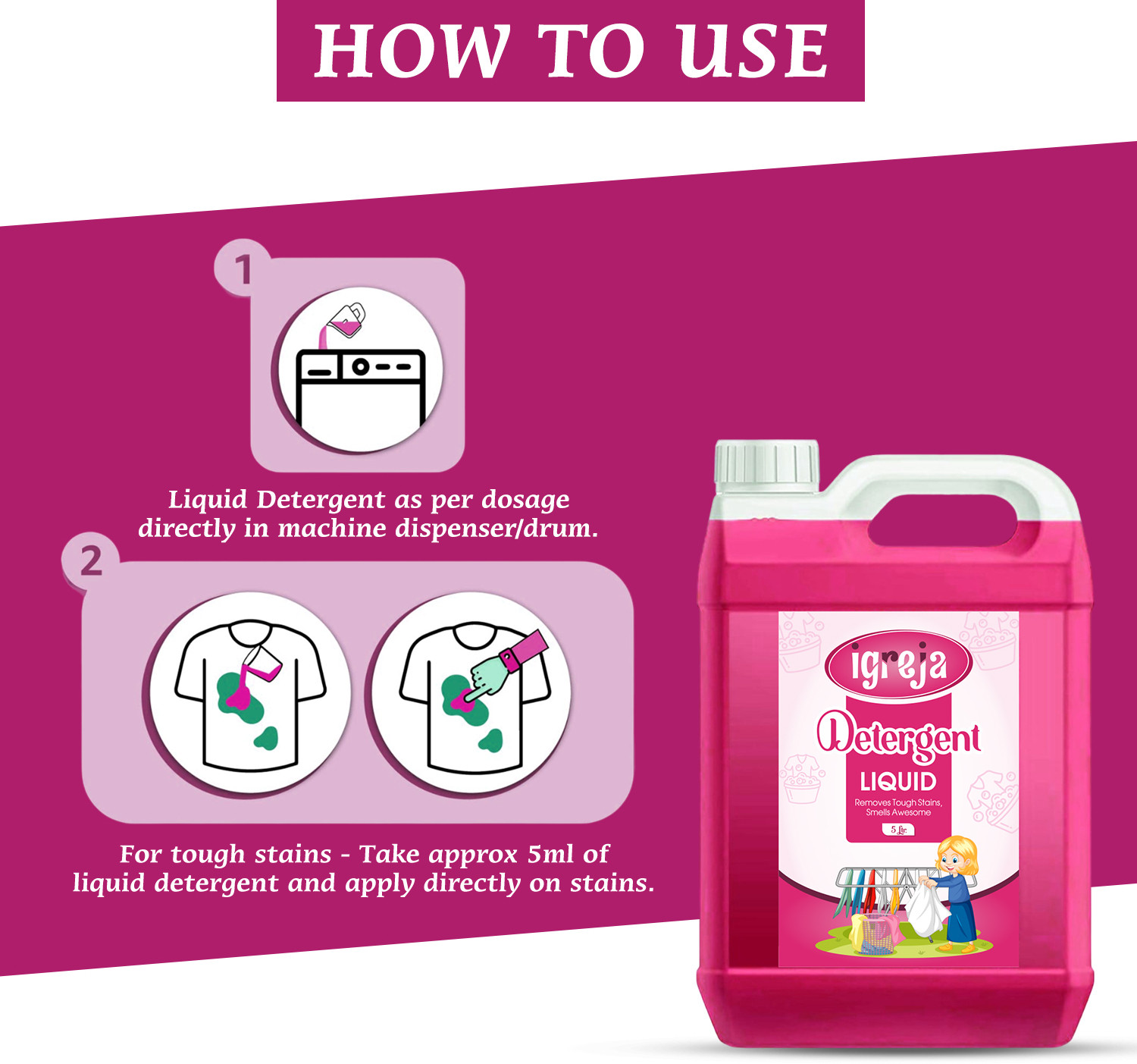 Image of IGREJA Washing machine liquid detergent top load and front load -Pink (5 ltr) Rose Liquid Detergent