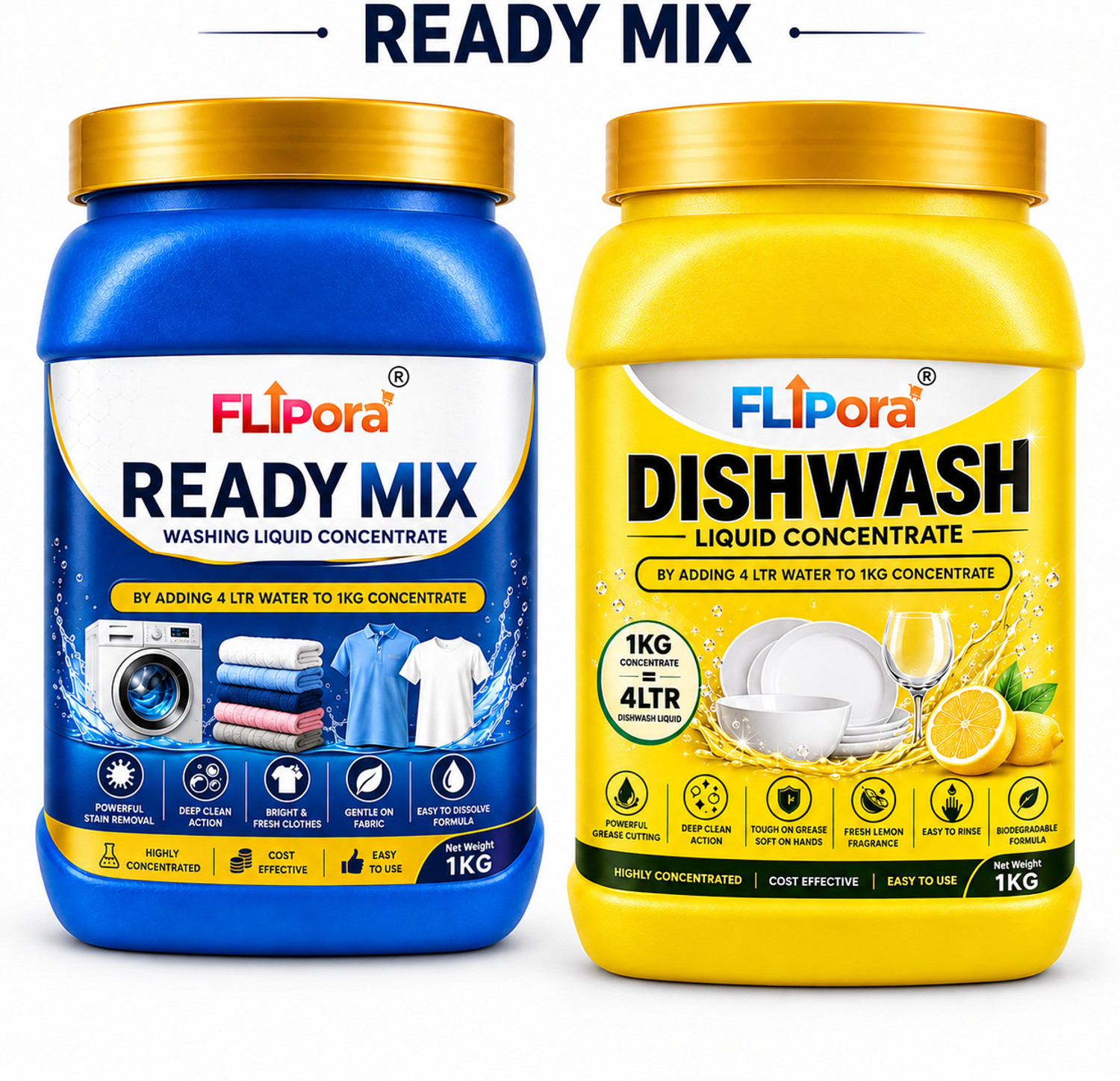 Image of FLIPORA Detergent Liquid & Dishwash Gel Readymix Combo | Makes Up to 10 Litres | Fresh Aqua Liquid Detergent (2 x 1 kg)