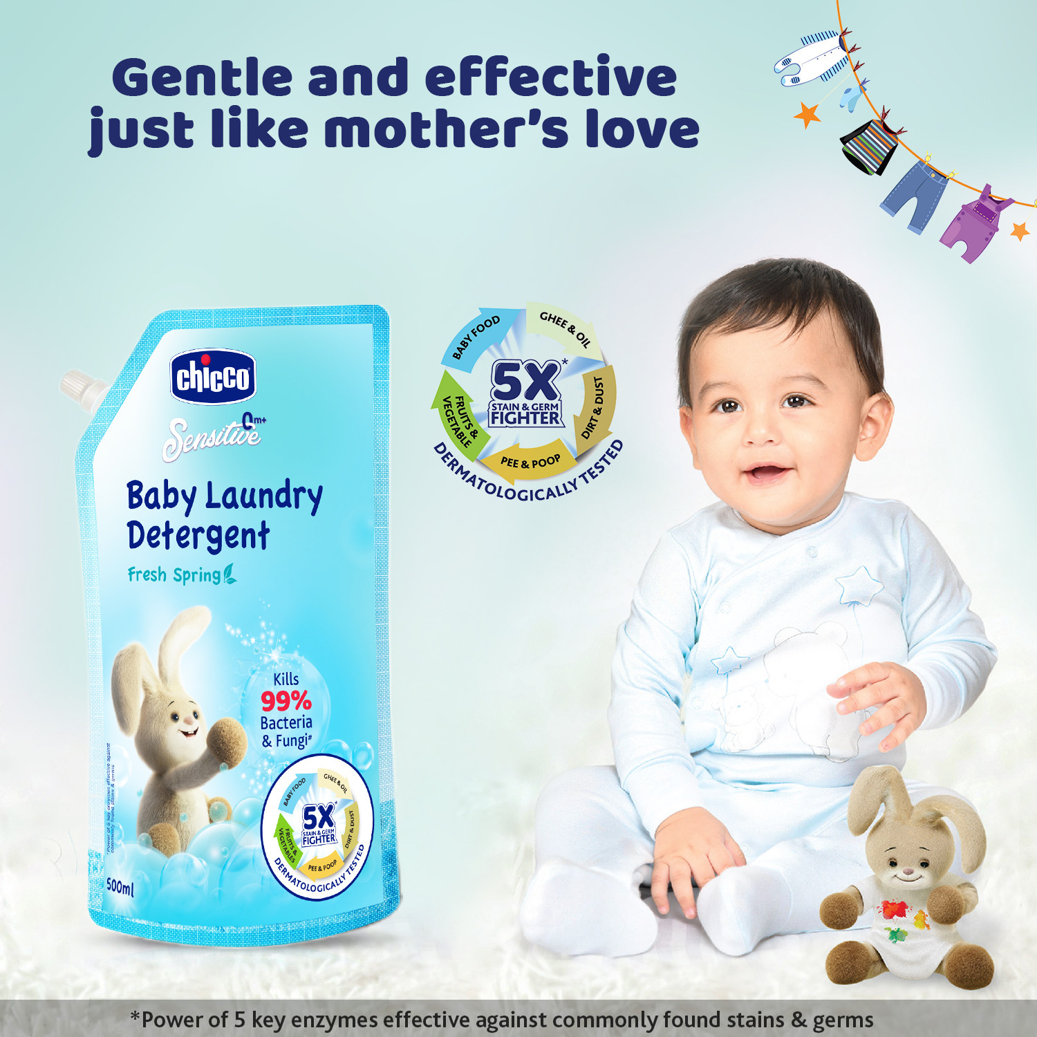 Image of Chicco Baby Laundry Detergent, Fresh Spring, 5X Stain & Germ Fighter Fresh Liquid Detergent