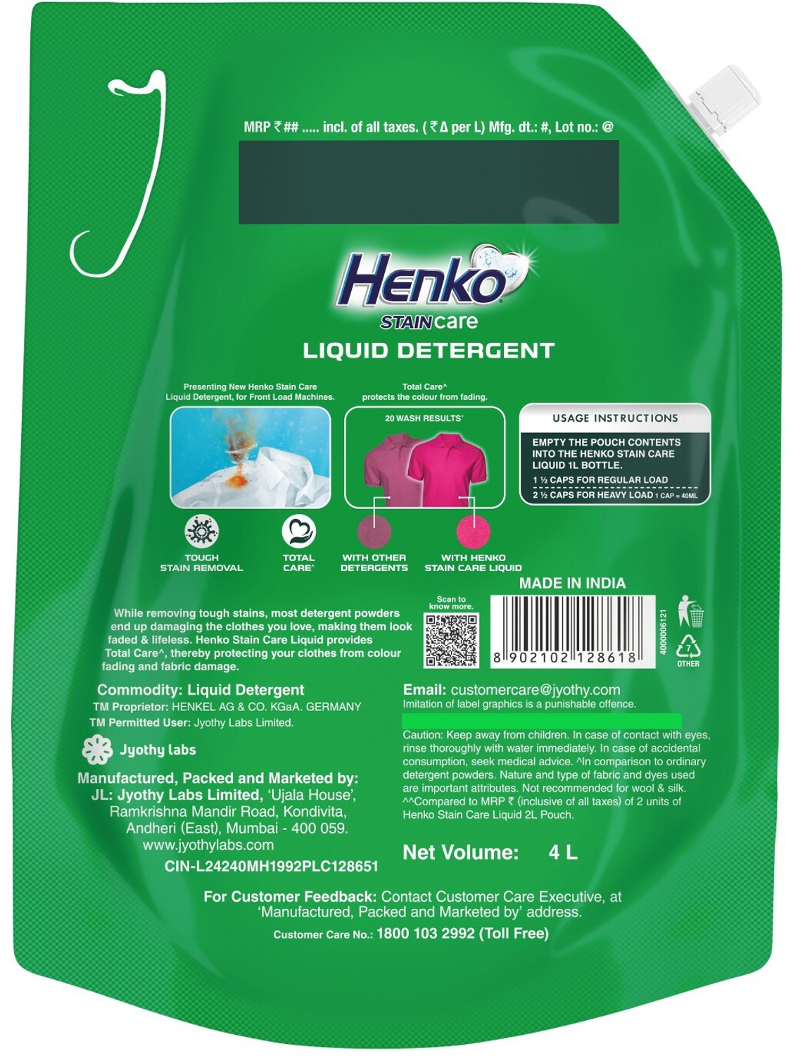 Image of Henko Stain Care Detergent Liquid Front Load Liquid Detergent Fresh Liquid Detergent