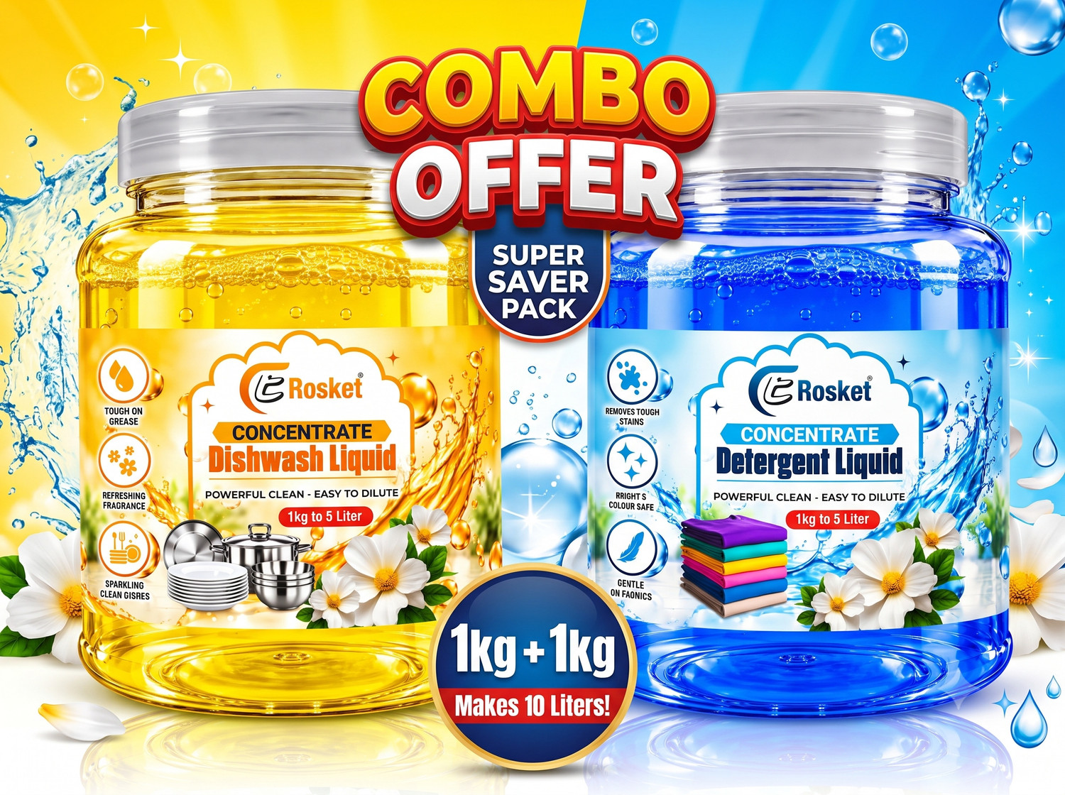 Image of EROSKET Blue Detergent Liquid & Yellow Dishwash Liquid Combo Fresh Liquid Detergent (1 kg)