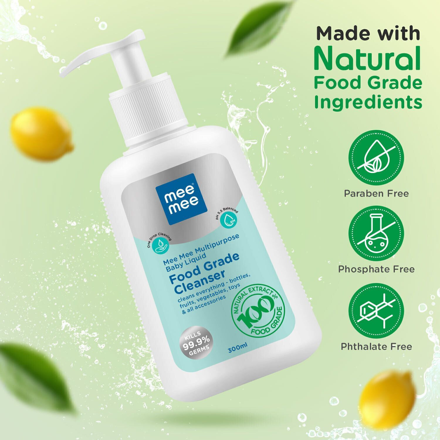 Image of MeeMee Baby Food Grade Cleanser Kills 99.9% Germs for Baby Accessories, Toys & Veggies Liquid Detergent (300 ml)