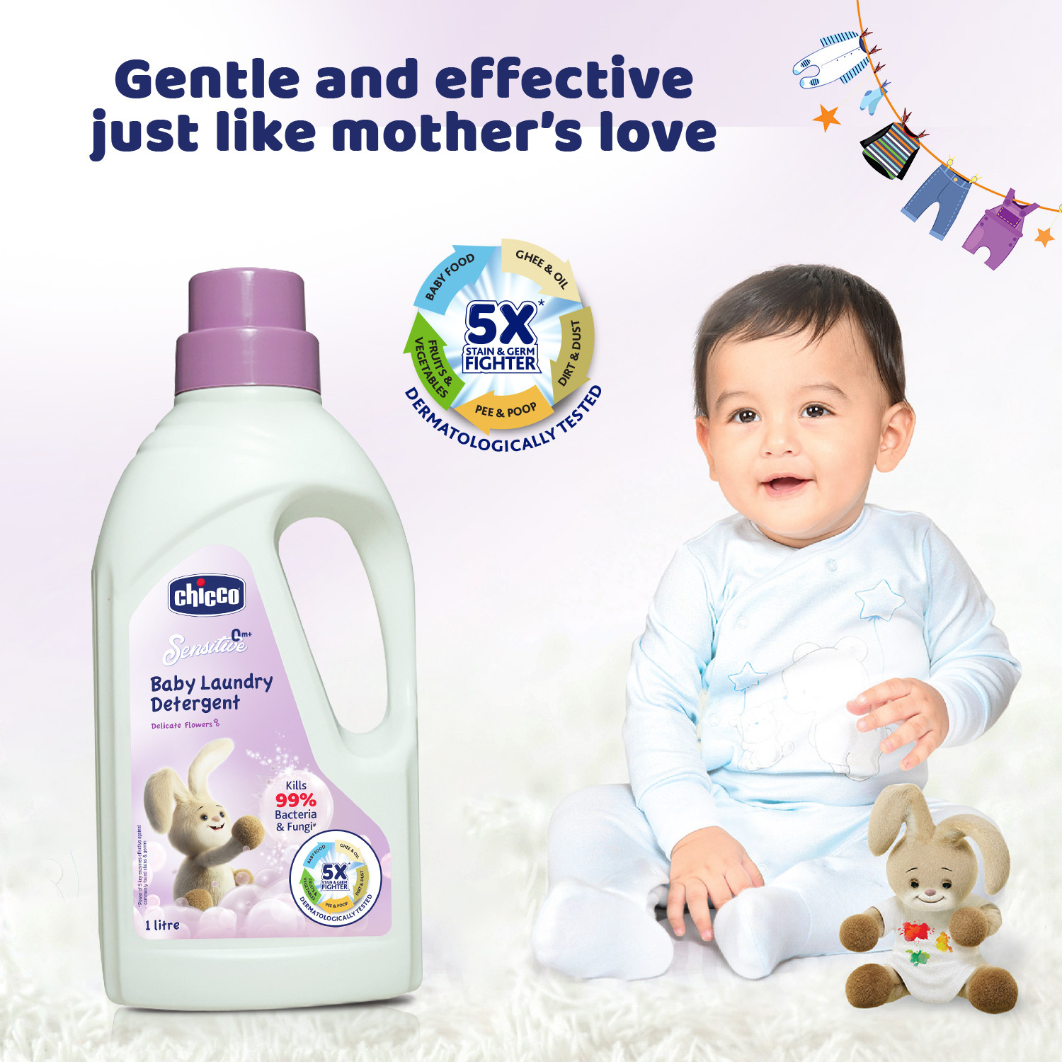 Image of Chicco Baby Laundry Detergent, Delicate Flowers, 5X Stain & Germ Fighter, Kills 99% of Germs, Gentle on Clothes & Skin (1 L) Floral Liquid Detergent