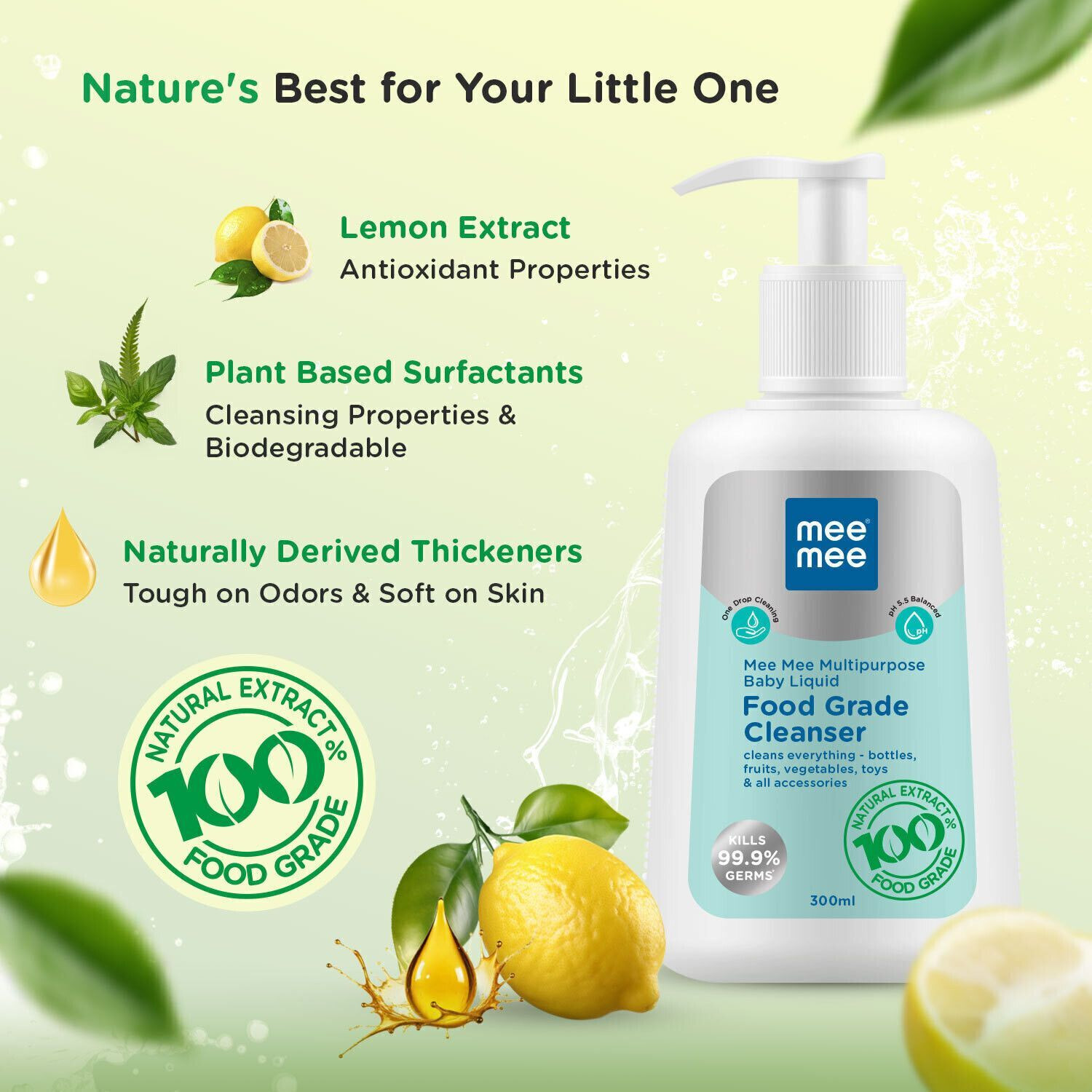 Image of MeeMee Baby Food Grade Cleanser Kills 99.9% Germs for Baby Accessories, Toys & Veggies Liquid Detergent (300 ml)