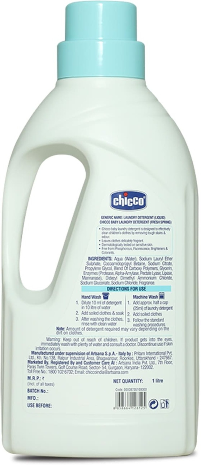 Image of Chicco Baby Laundry Detergent, Fresh Spring, 5X Stain & Germ Fighter, Kills 99% of Germs, Gentle on Clothes & Skin (1 L) Fresh Liquid Detergent