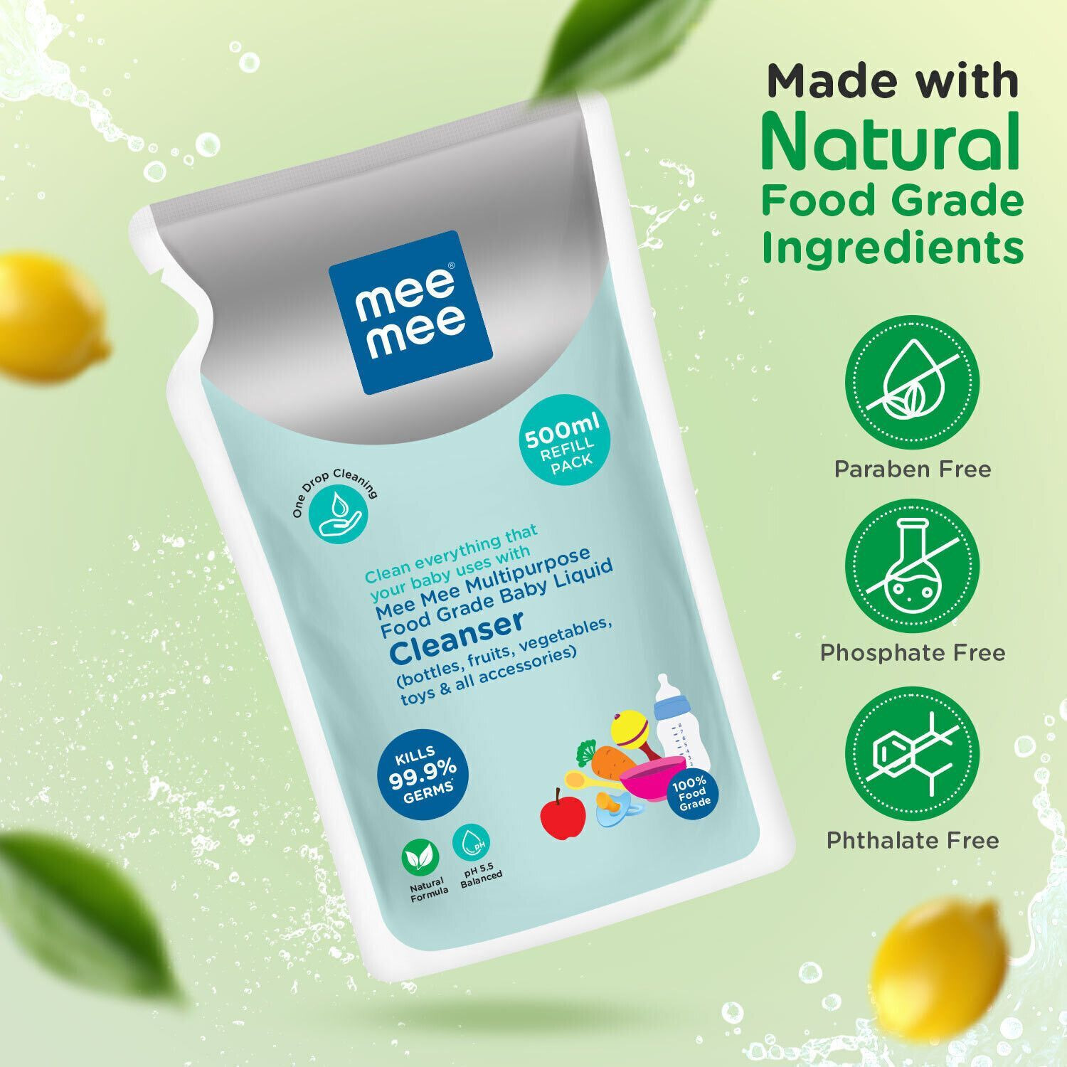 Image of MeeMee Baby Food Grade Cleanser Kills 99.9% Germs for Baby Accessories, Toys & Veggies Liquid Detergent (0.5 L)