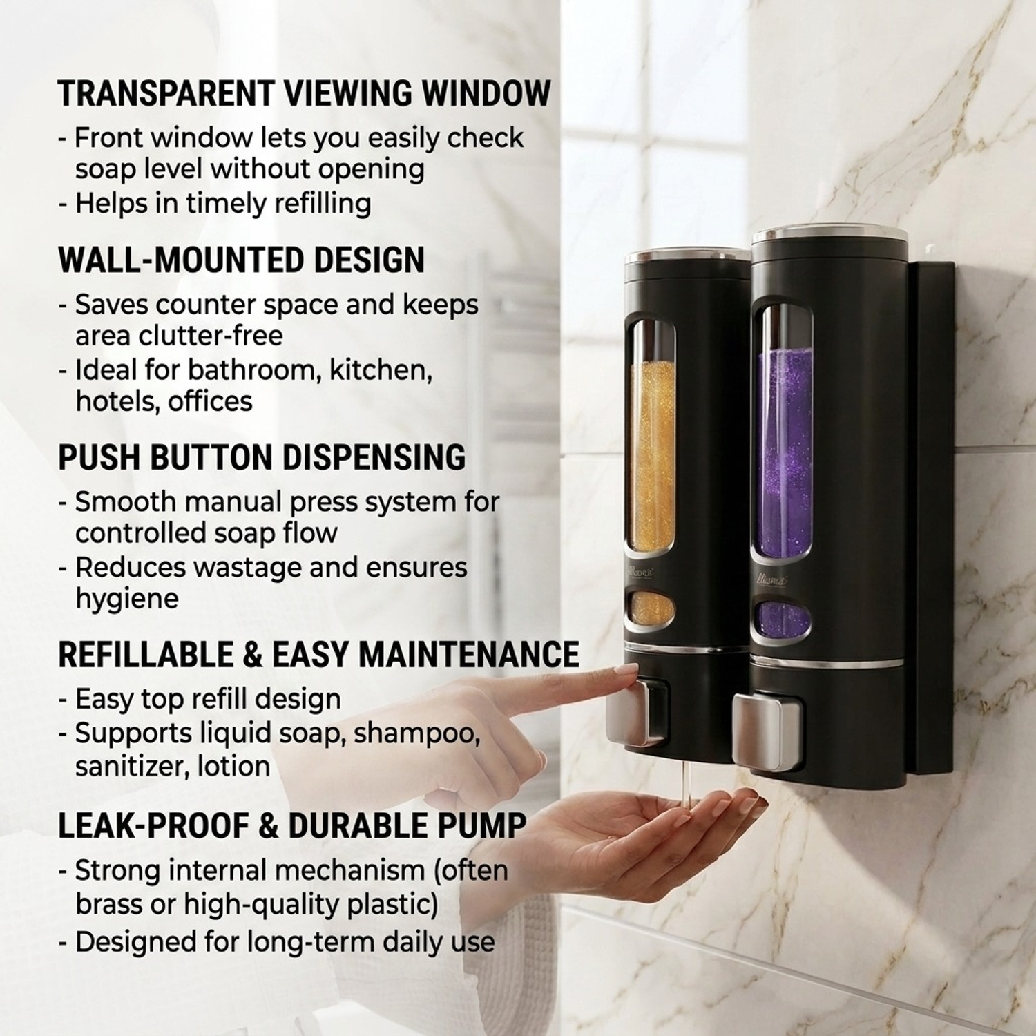 Image of Bath Guru Wall Mounted Liquid Soap Dispenser 400 ml Liquid, Soap, Shampoo, Conditioner, Lotion, Gel Dispenser