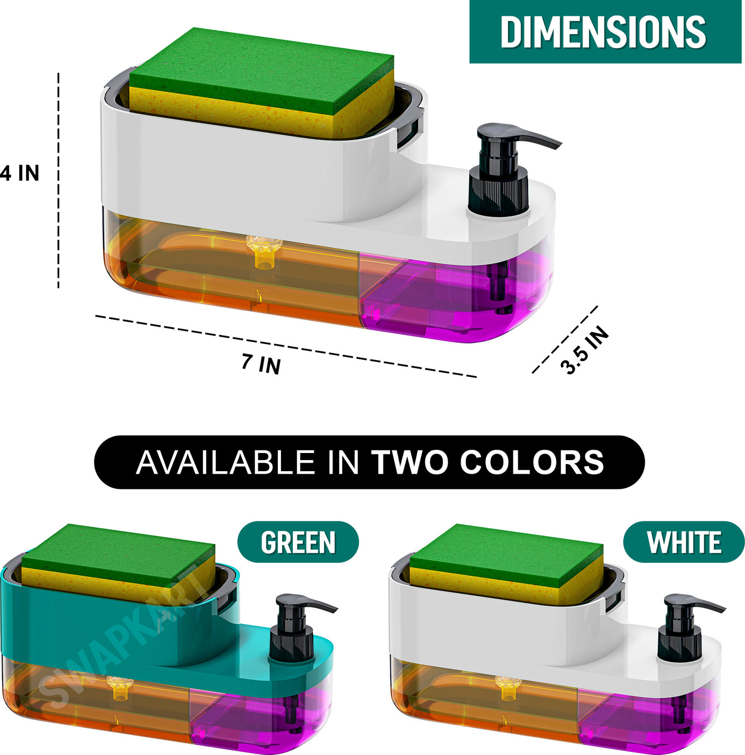 Image of SWAPKART 3 in 1 Soap Pump Dispenser Dish Soap Liquid Dispenser with Sponge Holder 399 ml Liquid, Soap, Gel Dispenser