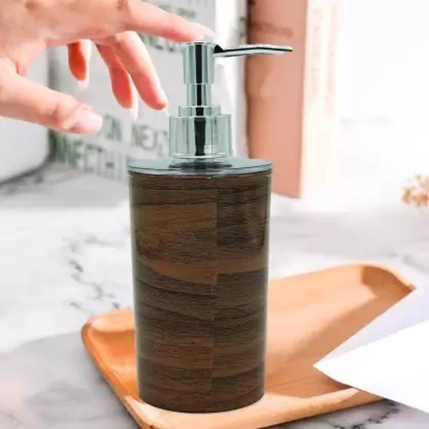AKR Hand Liquid Soap Cleanser Plastic Foaming wooden Round Bottle With Chrome Pump 300 ml Liquid, Shampoo, Soap, Conditioner, Foam, Gel, Lotion Dispenser