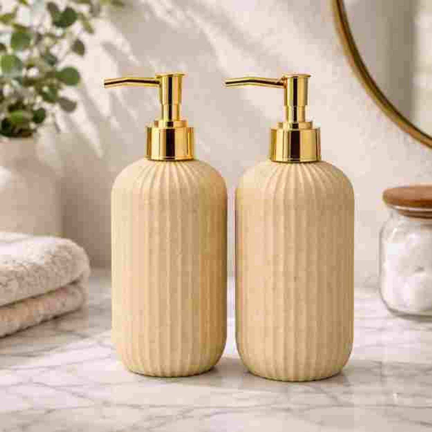ambarkriti Refillable Lotion, Hand Wash & Sanitizer Bottles, Set of 2, 300 ml Conditioner, Foam, Gel, Liquid, Lotion, Sanitizer Stand, Shampoo, Soap Dispenser