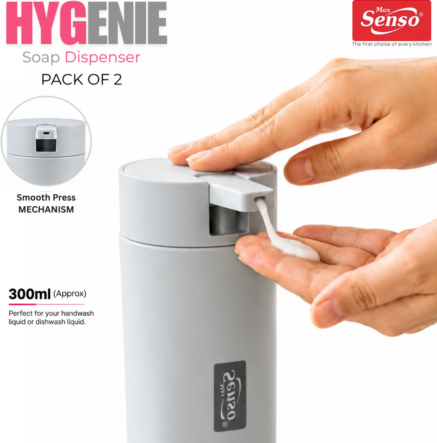 Image of Max Senso Hygenie Soap Dispenser Pack of 2, Hand Wash Liquid Soap Dispenser for Bathroom 600 ml Liquid, Soap, Shampoo, Gel, Sanitizer Stand, Lotion Dispenser