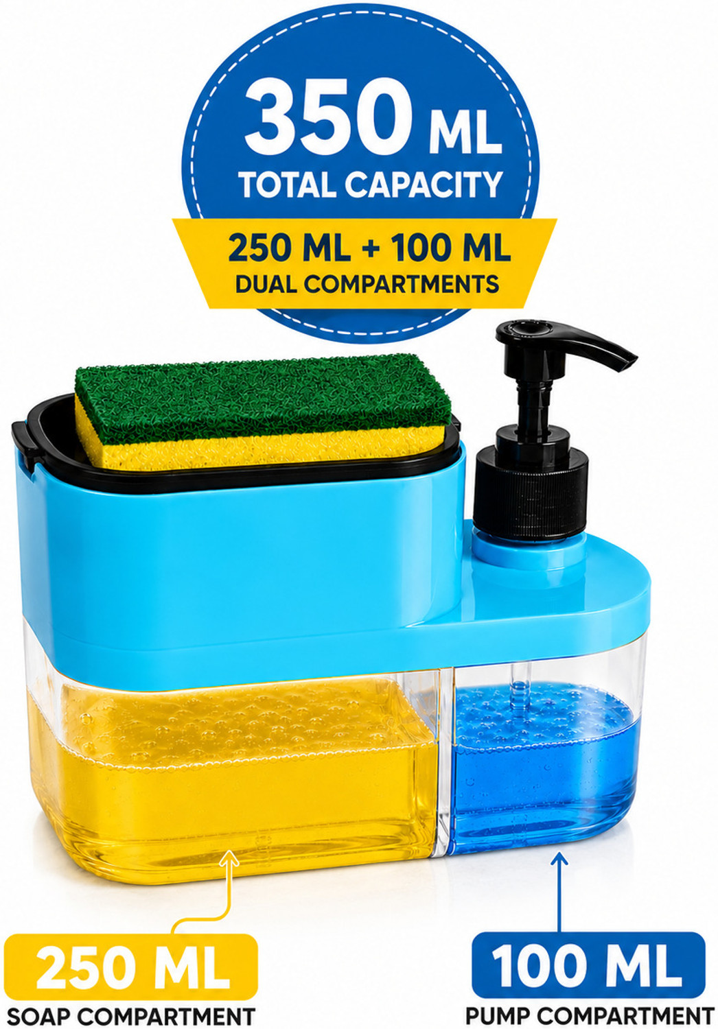 Image of Saule Saule 3 in 1 Soap Dispenser with Sponge Holder | Liquid Dispenser in Kitchen 600 ml Gel, Liquid, Soap Dispenser