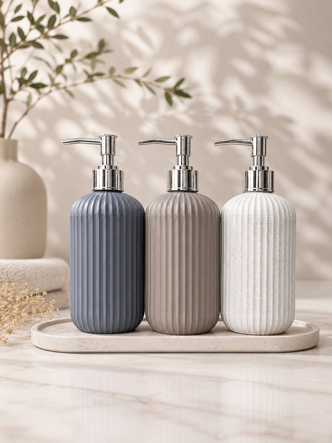 ambarkriti Ribbed Soap Dispenser Bottle for Bathroom & Kitchen (Pack of 3) 300 ml Conditioner, Foam, Gel, Liquid, Lotion, Sanitizer Stand, Shampoo, Soap Dispenser