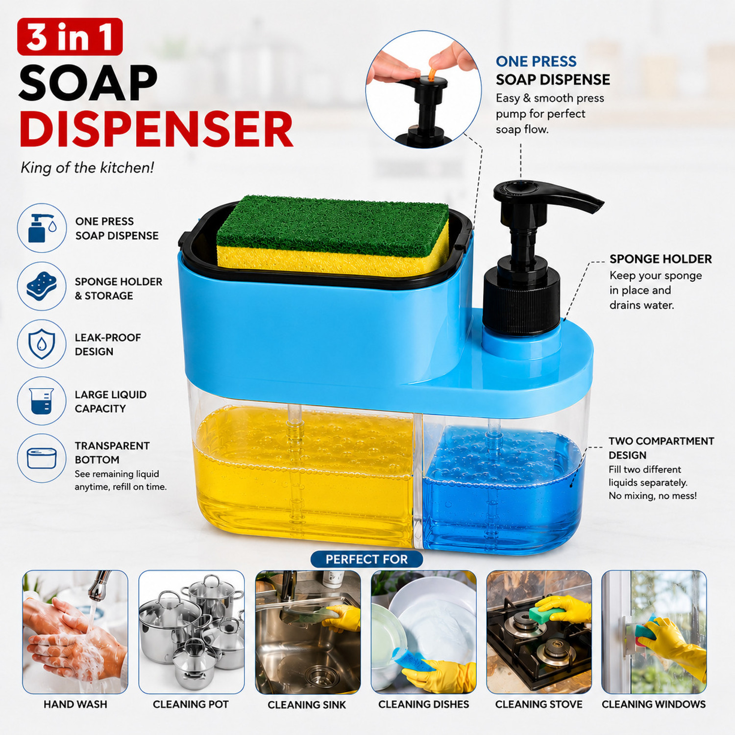 Image of Saule Saule 3 in 1 Soap Dispenser with Sponge Holder | Liquid Dispenser in Kitchen 600 ml Gel, Liquid, Soap Dispenser