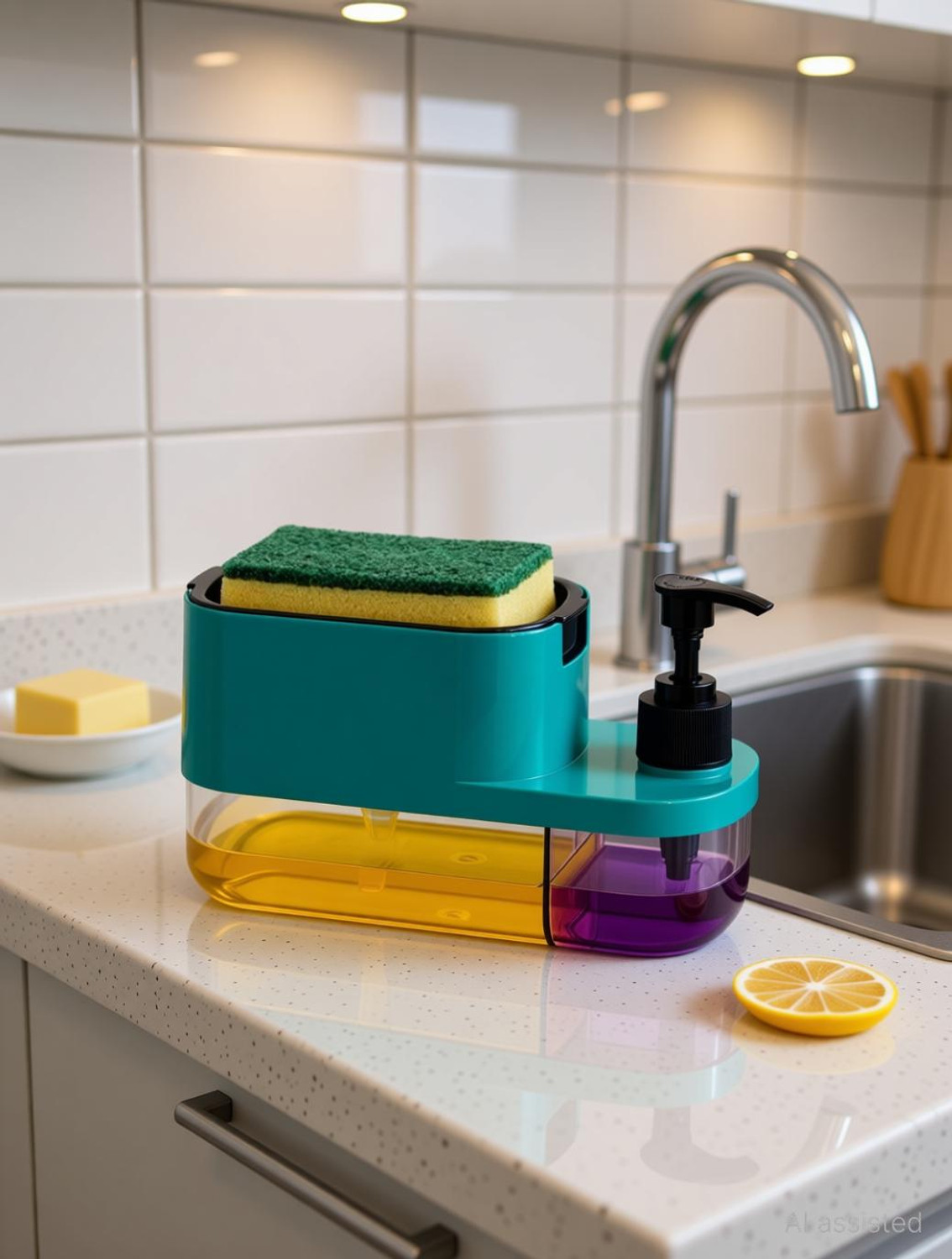 Image of krishav 3 in 1 Soap Dispenser Liquid Dispenser Sponge Holder for Kitchen Bathroom 600 L Liquid, Conditioner, Soap, Shampoo, Sanitizer Stand, Lotion, Gel Dispenser (Green)