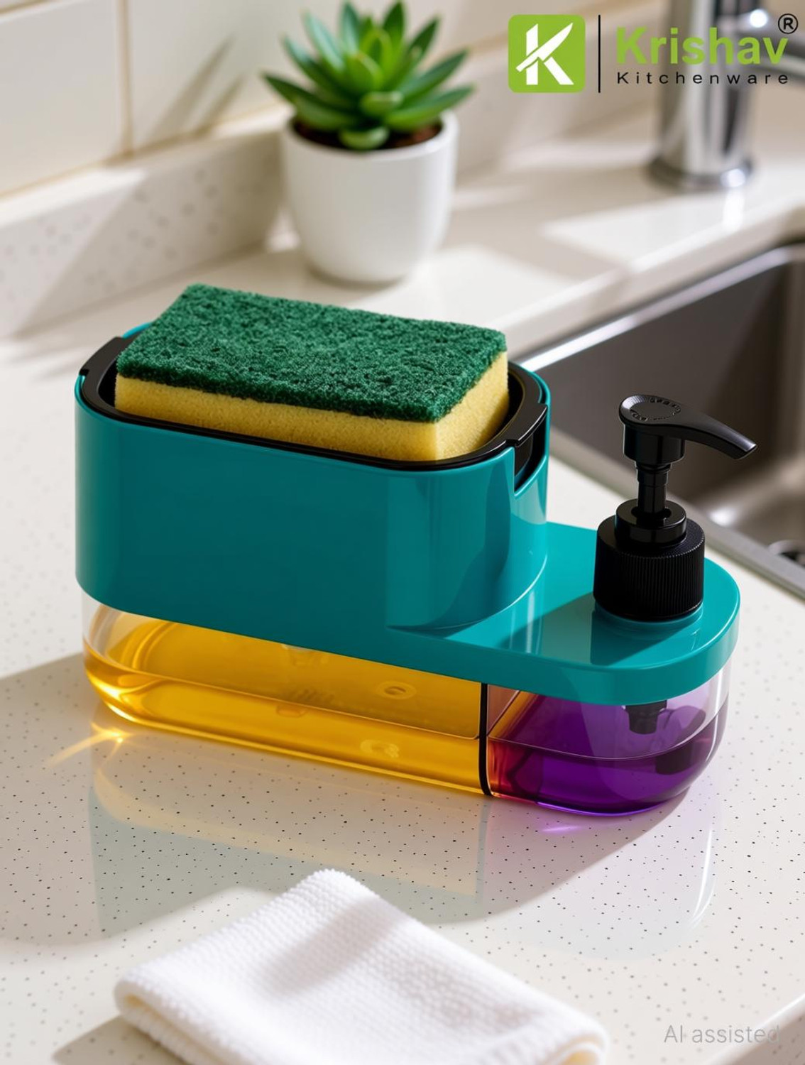 Image of krishav 3 in 1 Soap Dispenser Liquid Dispenser Sponge Holder for Kitchen Bathroom 600 L Liquid, Conditioner, Soap, Shampoo, Sanitizer Stand, Lotion, Gel Dispenser (Green)