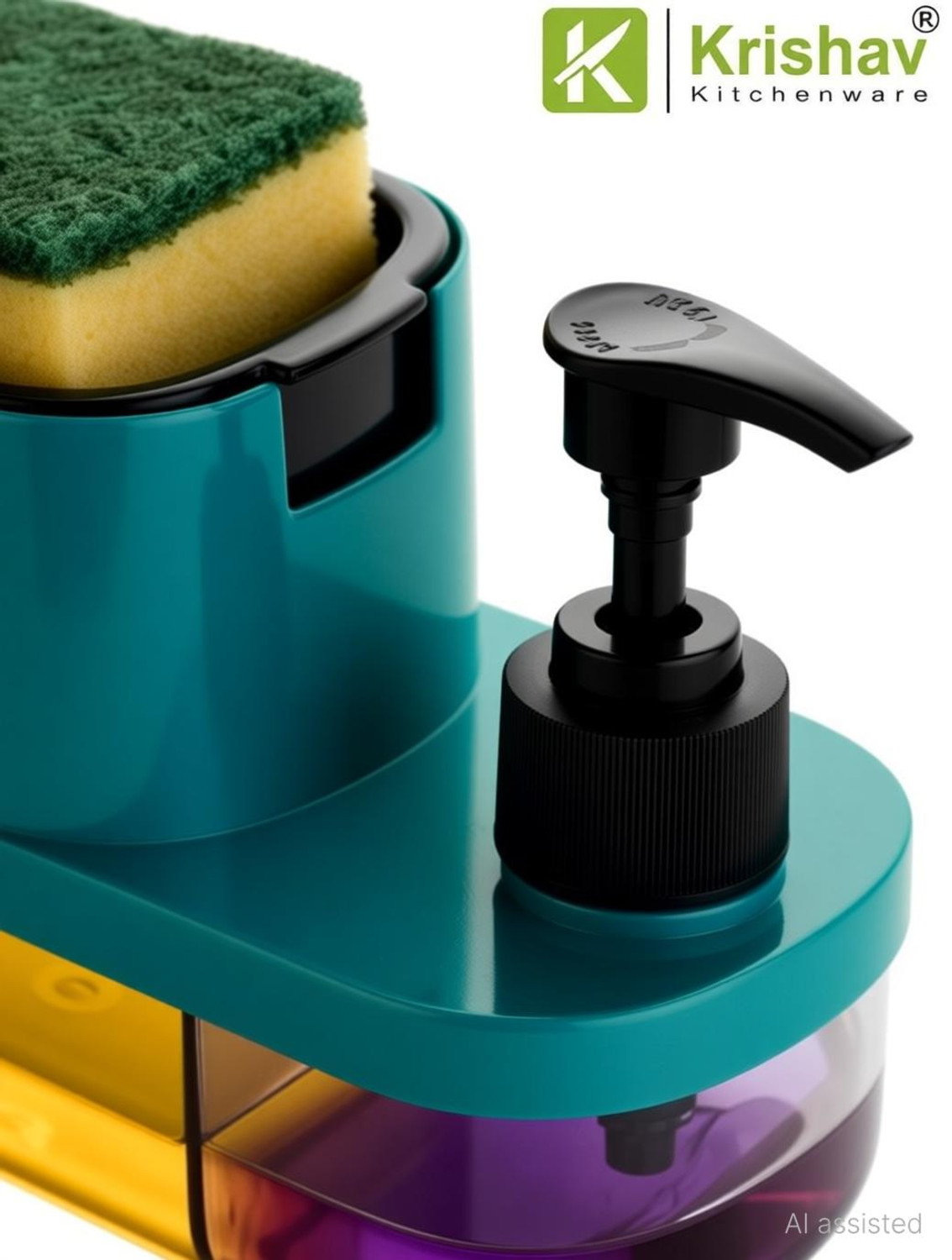 Image of krishav 3 in 1 Soap Dispenser Liquid Dispenser Sponge Holder for Kitchen Bathroom 600 L Liquid, Conditioner, Soap, Shampoo, Sanitizer Stand, Lotion, Gel Dispenser (Green)
