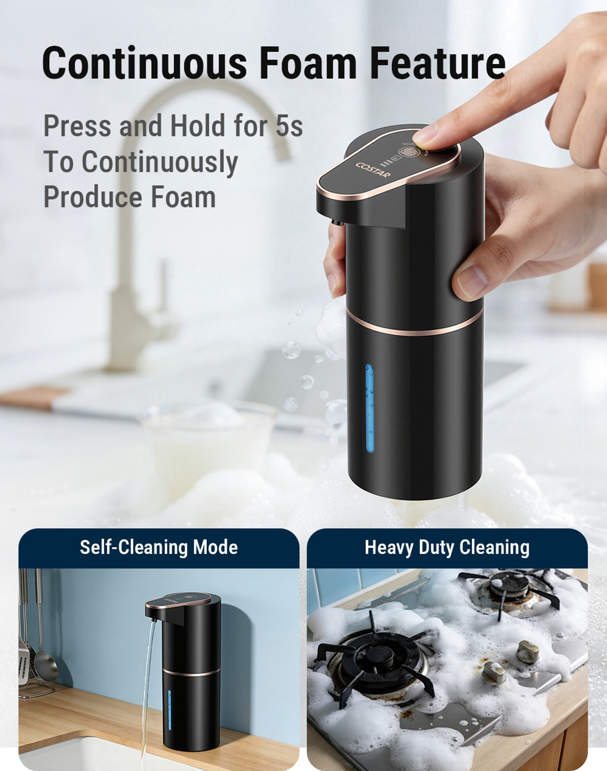 Image of Costar Rechargeable Sensor Foaming Handwash Dispenser, Wall Mount 350 ml Soap, Foam, Liquid Dispenser (Black)