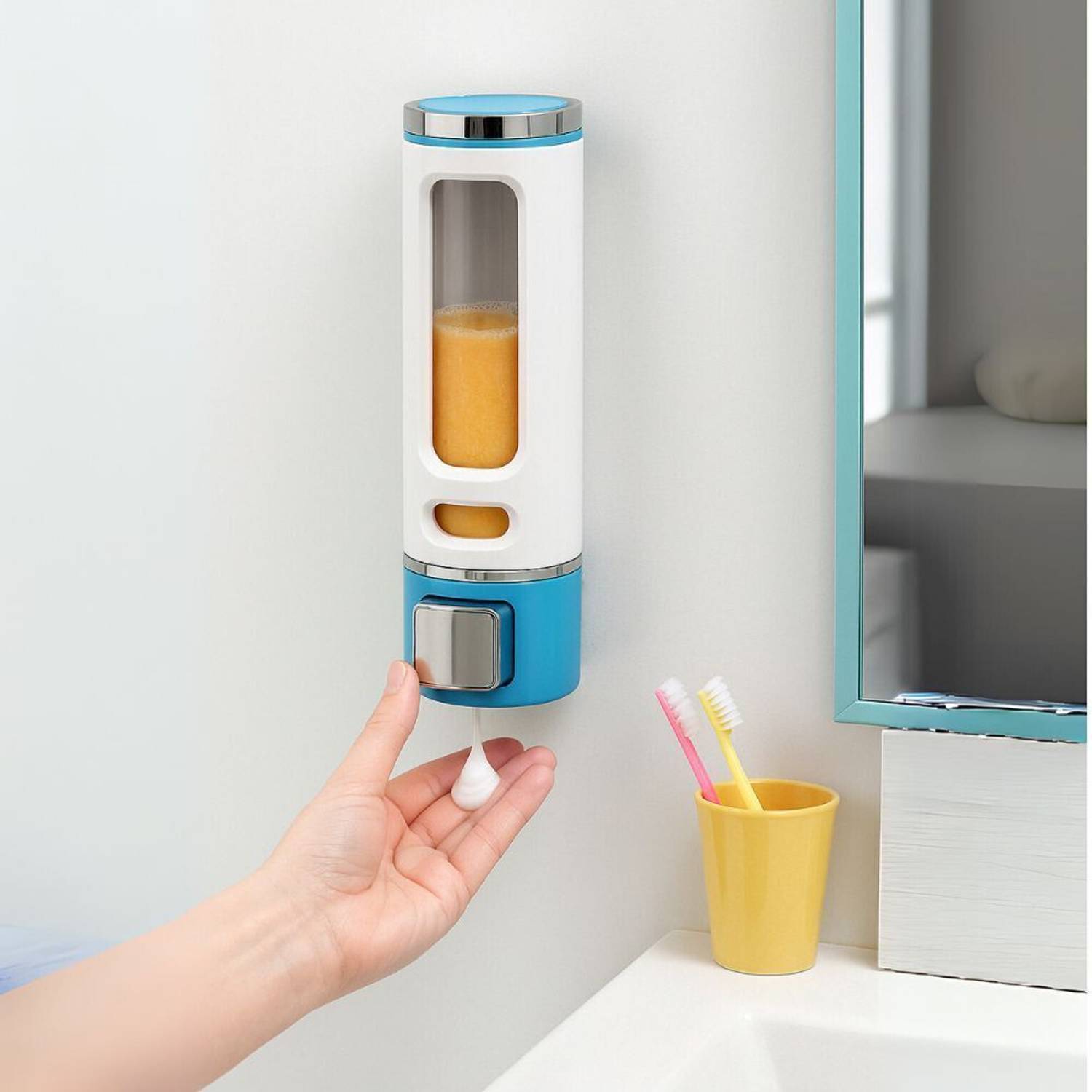 AMATRA Premium Blue and White Wall Mounted Shampoo/Liquid Soap Dispenser 0.4 L Liquid, Shampoo, Gel, Foam, Lotion, Sanitizer Stand, Conditioner, Soap Dispenser