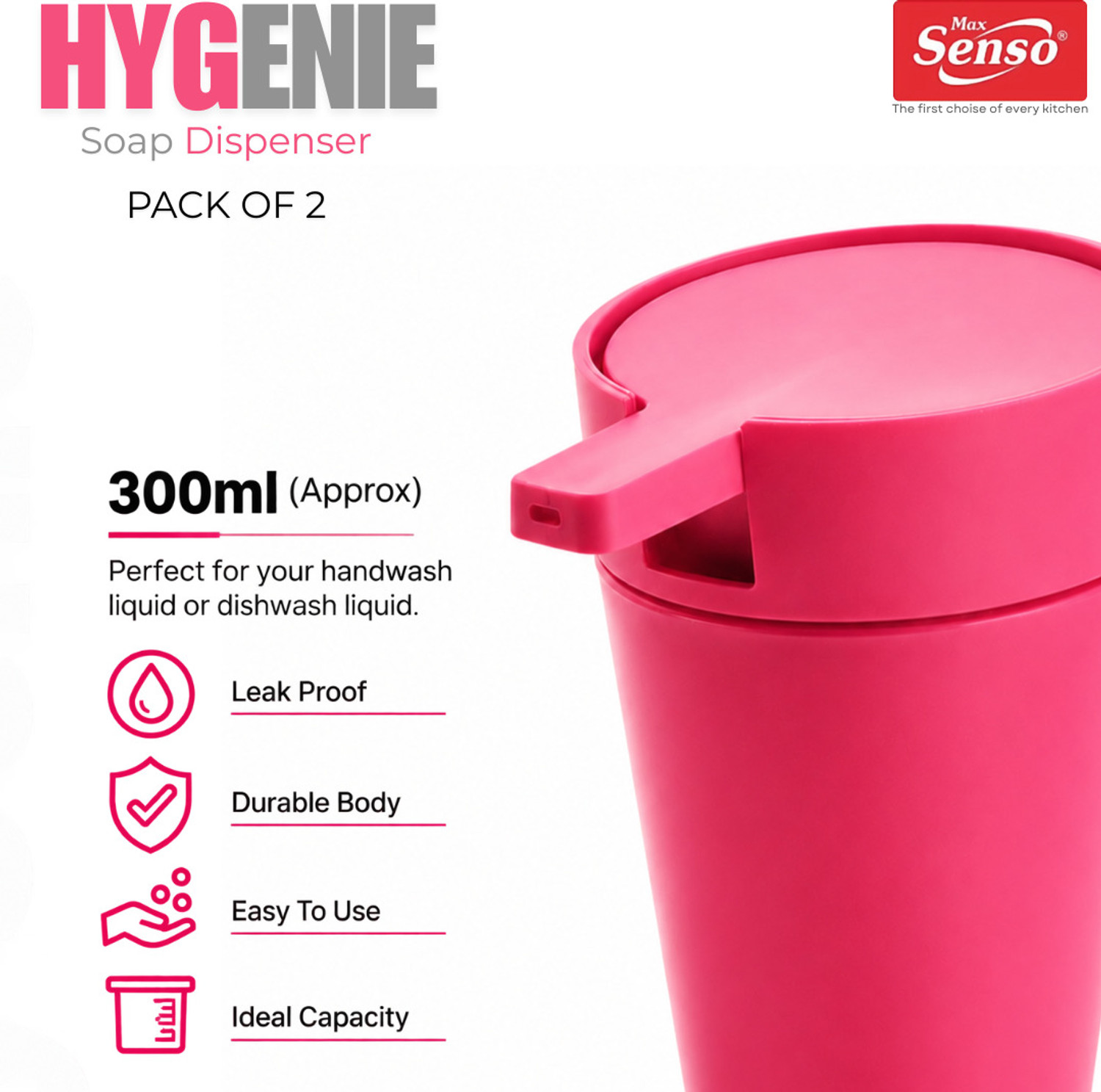 Image of Max Senso Hygenie Soap Dispenser Pack of 2, Hand Wash Liquid Soap Dispenser for Bathroom 600 ml Liquid, Soap, Shampoo, Gel, Sanitizer Stand, Lotion Dispenser