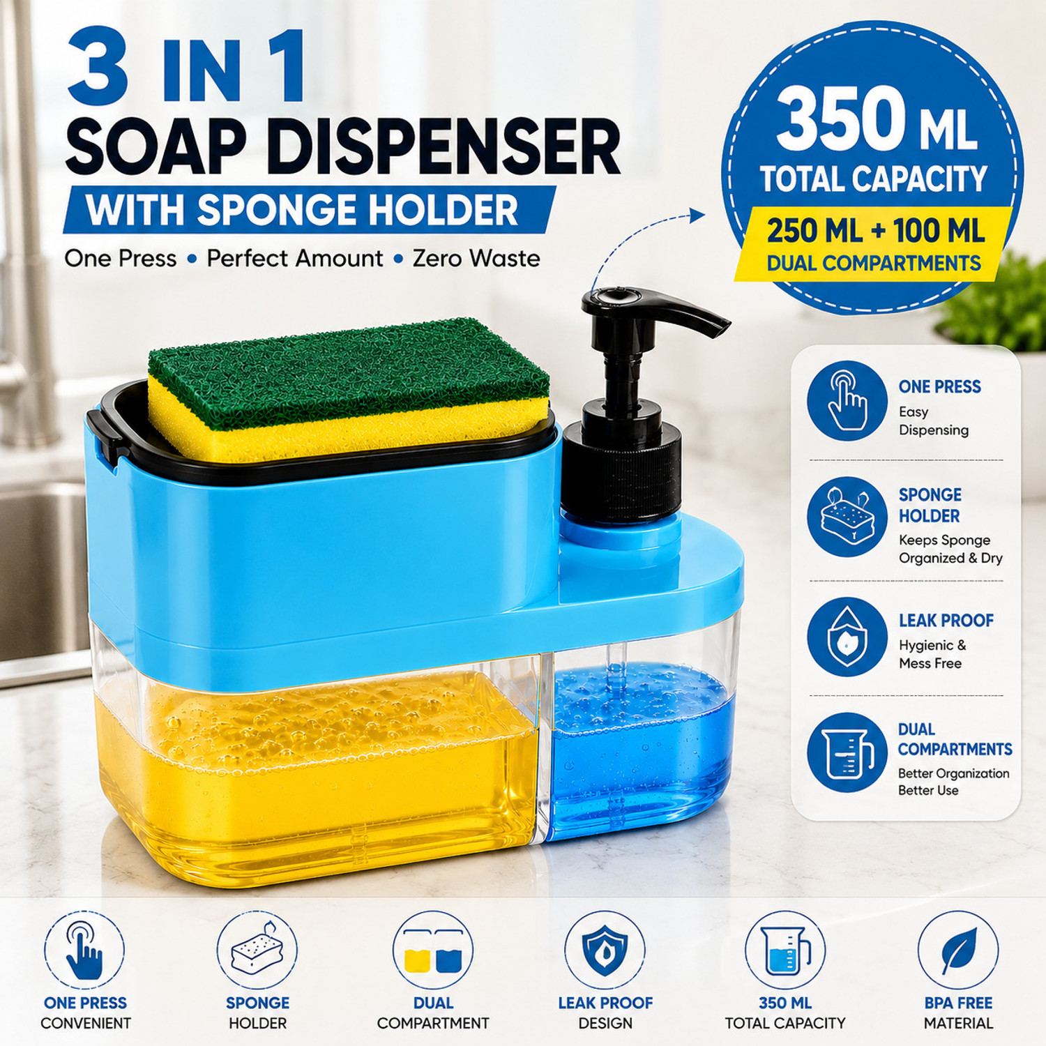 Image of Saule Saule 3 in 1 Soap Dispenser with Sponge Holder | Liquid Dispenser in Kitchen 600 ml Gel, Liquid, Soap Dispenser