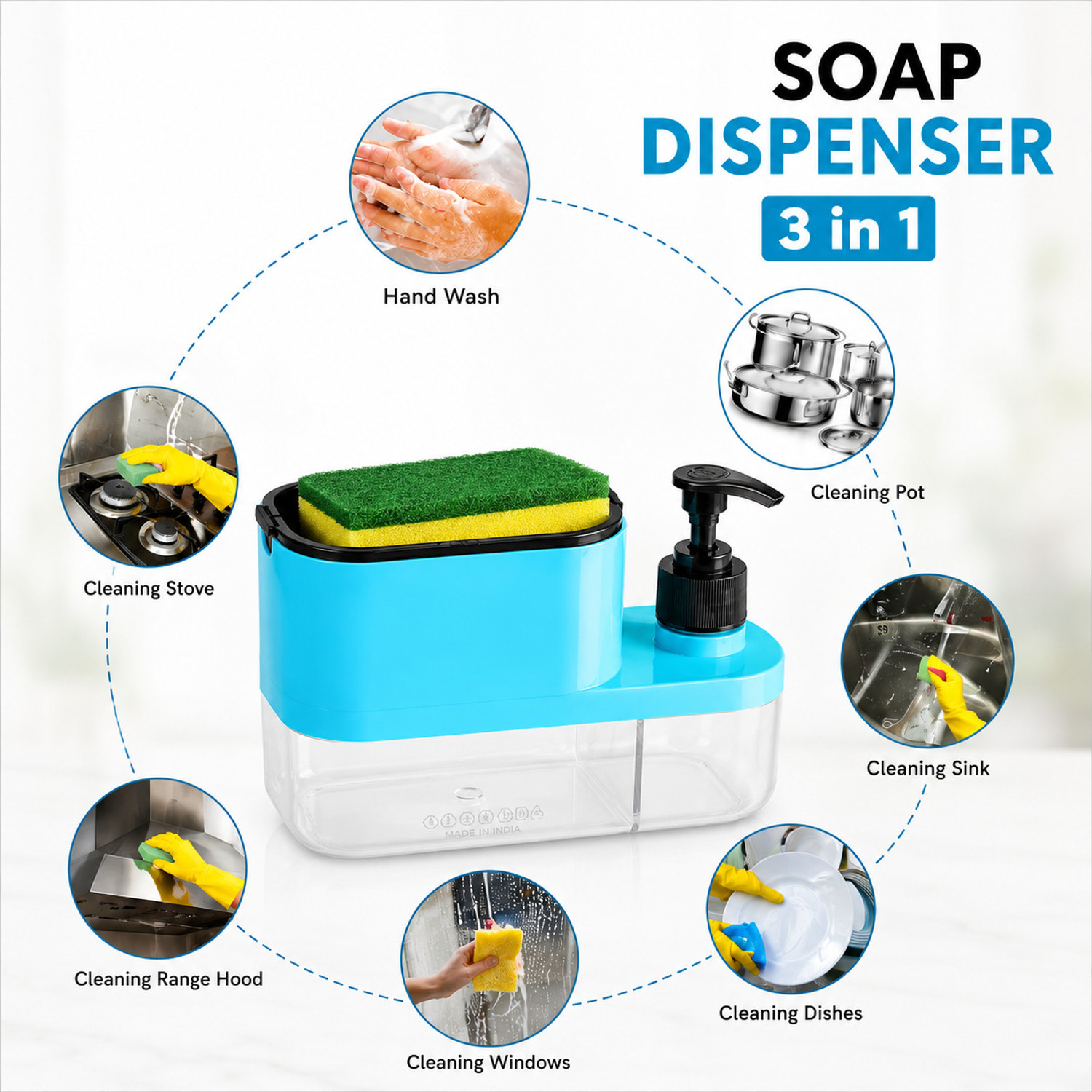 Image of Saule Saule 3 in 1 Soap Dispenser with Sponge Holder | Liquid Dispenser in Kitchen 600 ml Gel, Liquid, Soap Dispenser