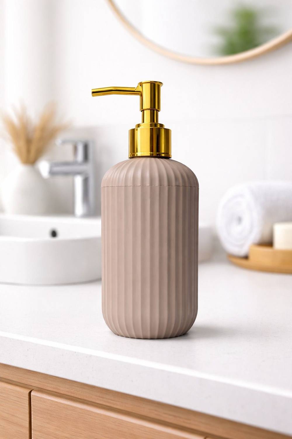 ambarkriti Beige Matte golden pump soap dispenser 300 ml Conditioner, Foam, Gel, Liquid, Lotion, Sanitizer Stand, Shampoo, Soap Dispenser