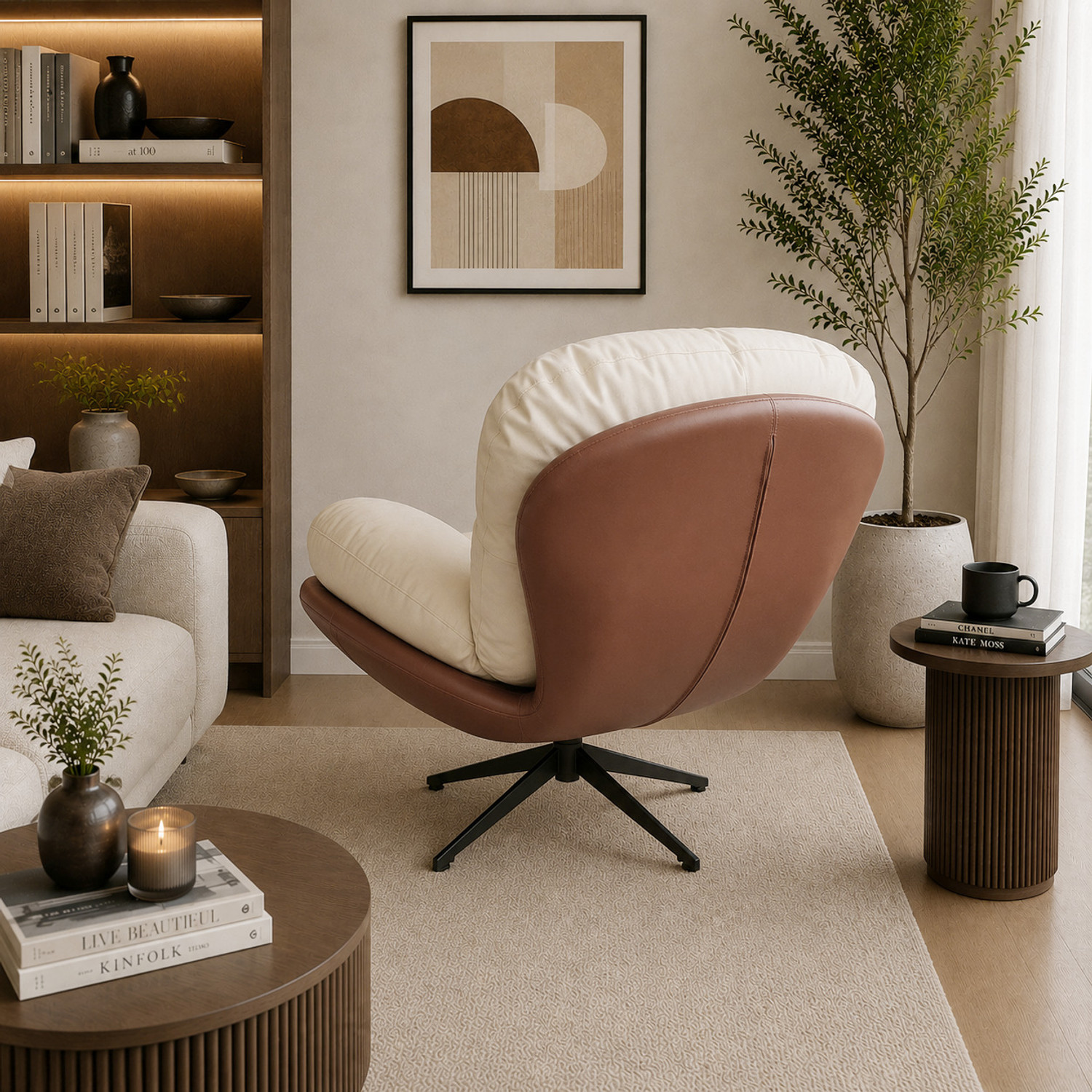 Image of THE ATTIC The Attic Shella Lounge Chair,Comfy 360 Swivel & Relaxing,Peach Beige Fabric Living Room Chair