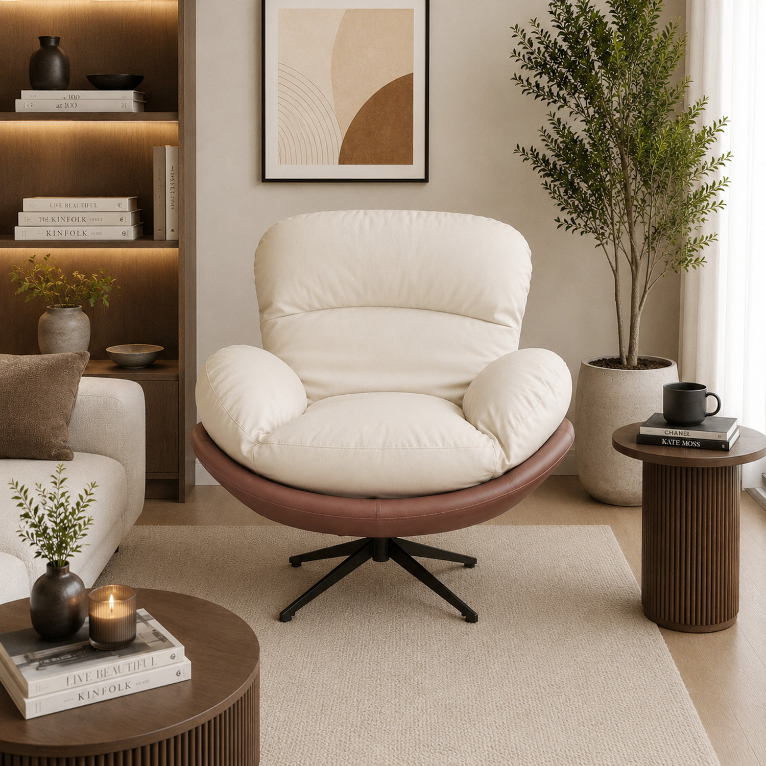 Image of THE ATTIC The Attic Shella Lounge Chair,Comfy 360 Swivel & Relaxing,Peach Beige Fabric Living Room Chair