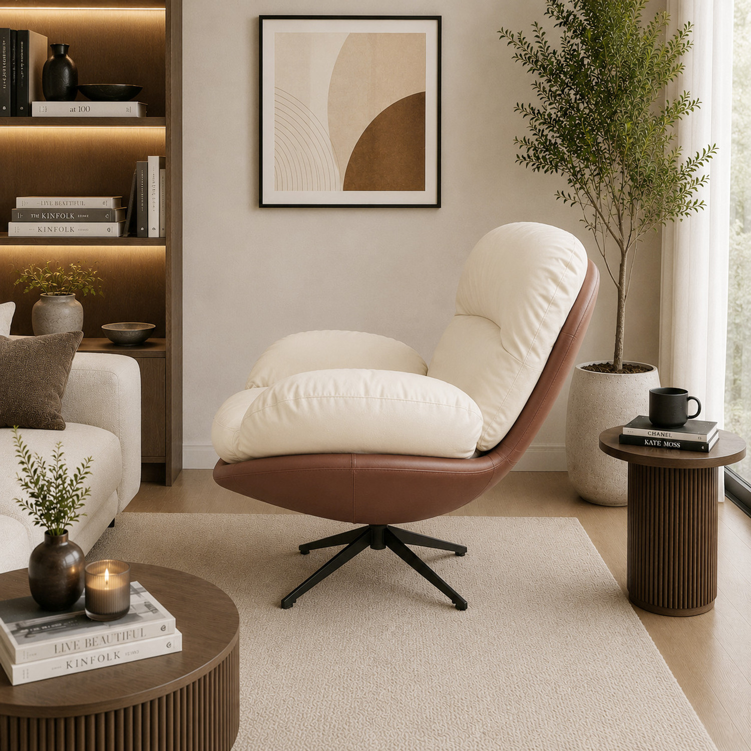 Image of THE ATTIC The Attic Shella Lounge Chair,Comfy 360 Swivel & Relaxing,Peach Beige Fabric Living Room Chair