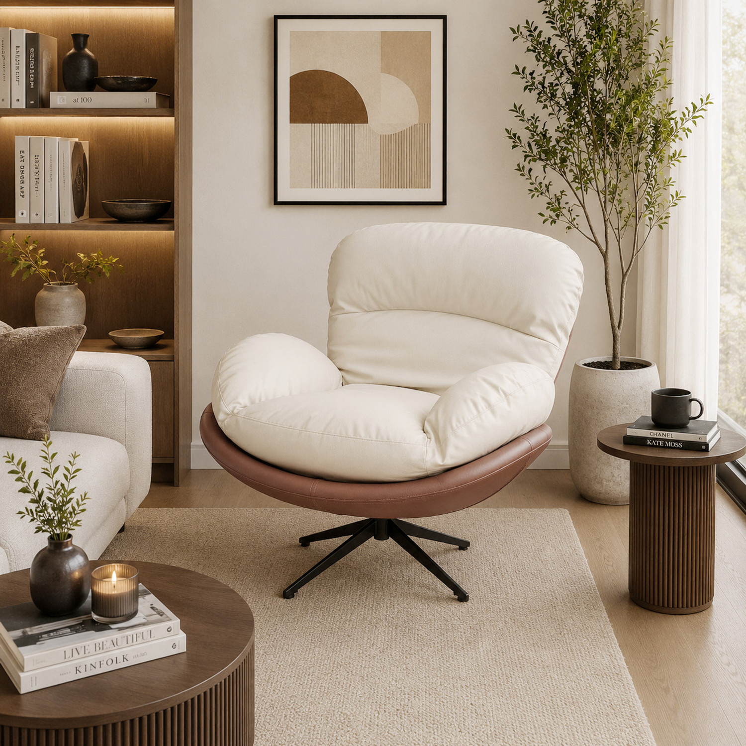 Image of THE ATTIC The Attic Shella Lounge Chair,Comfy 360 Swivel & Relaxing,Peach Beige Fabric Living Room Chair