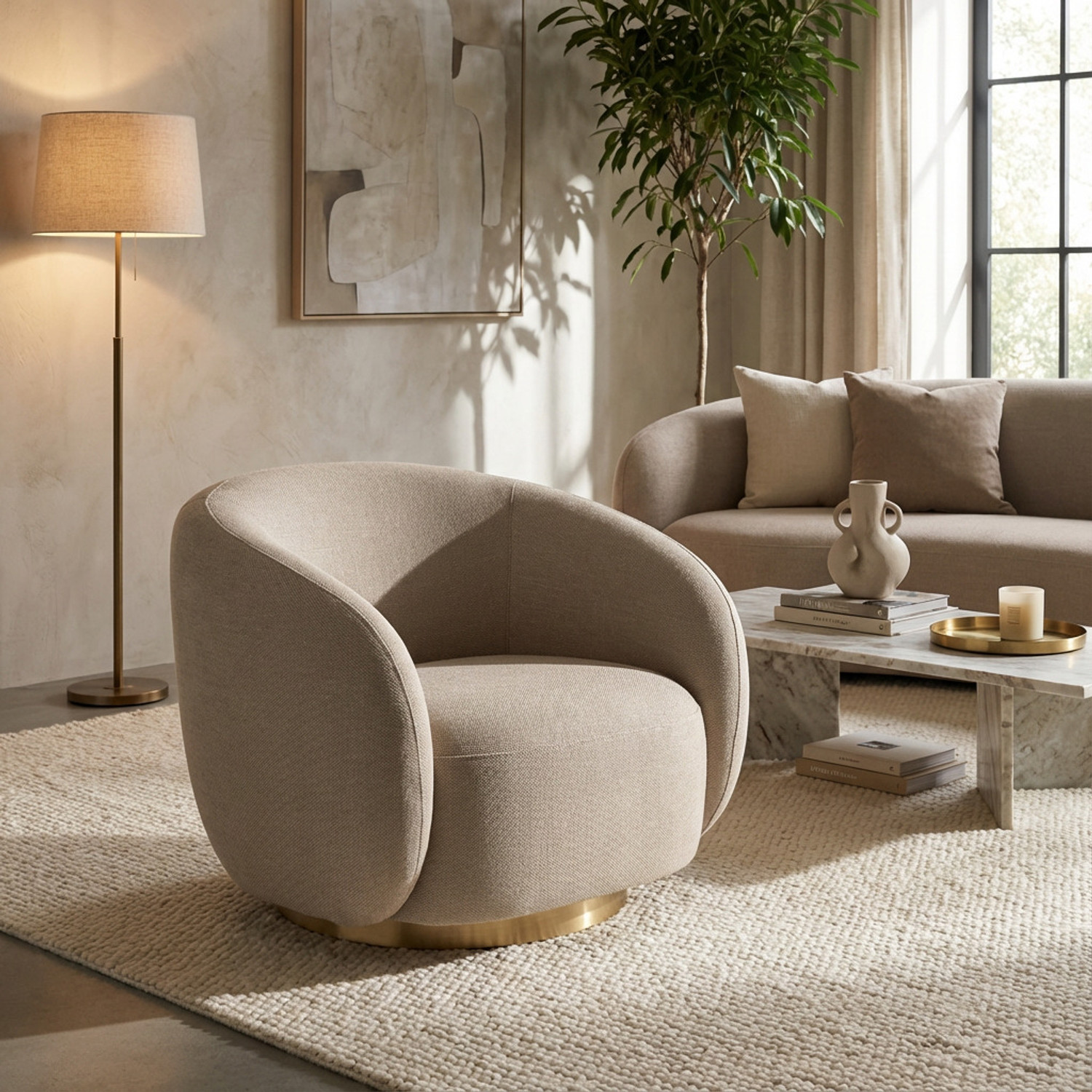 Image of Kingsman Furnitures Brok 360 Beige Swivel Round Arm Chair for Living, Bedroom Fabric Living Room Chair