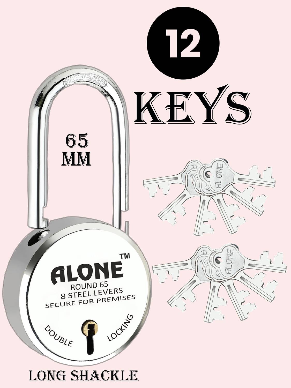 alone Round 65mm Long Shackle Padlock for Home Gate Shop & Shutter, D/L 12 Keys_NEW Padlock