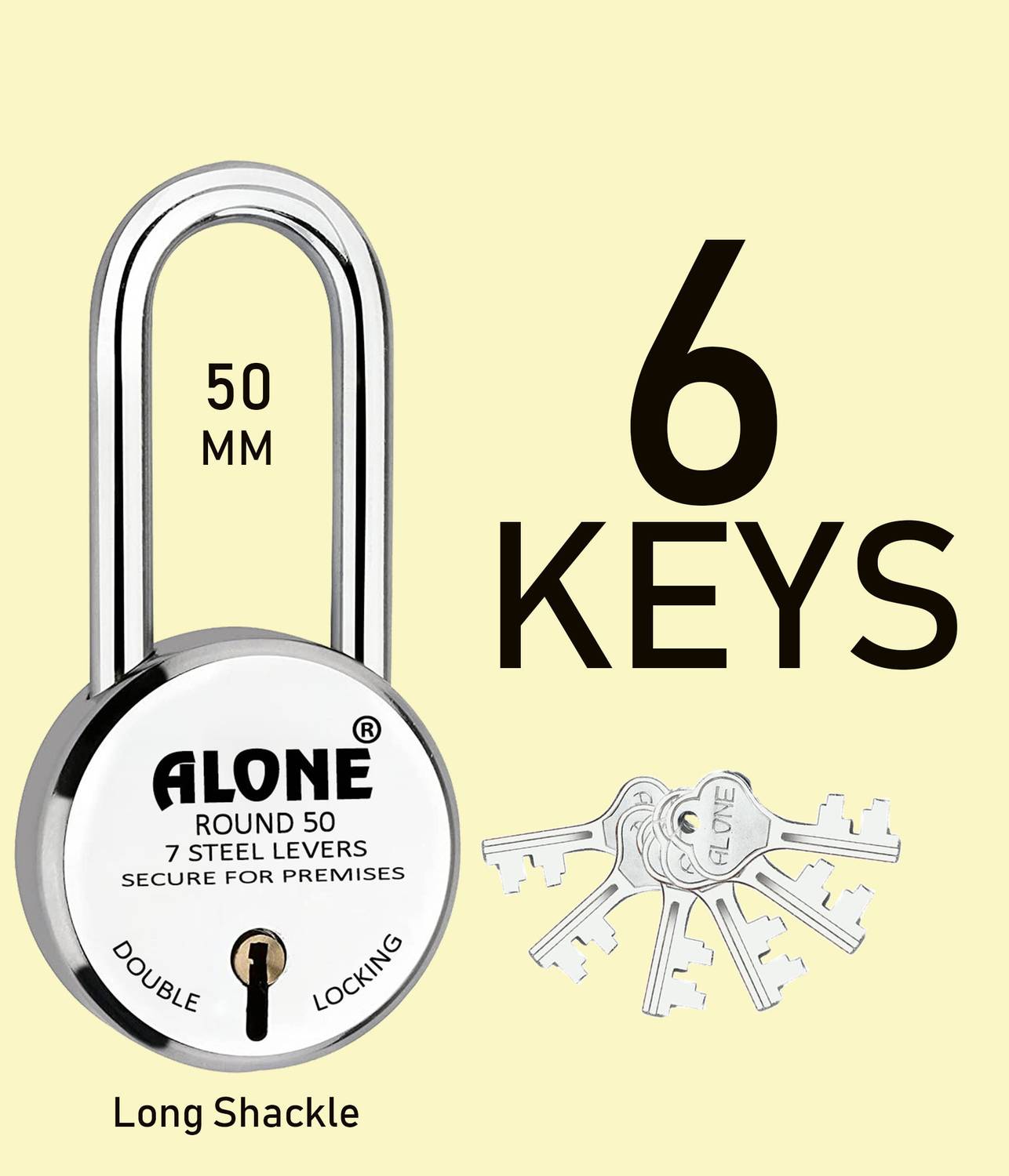 alone Long Shackle |Round 50mm Lock | Iron Polished | Double Locking | 6 Keys Padlock