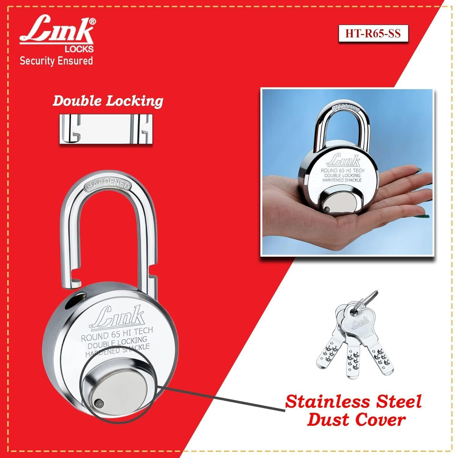Image of Link Hi-Tech 65mm Round Lock|Stainless Body|Hardened Shackle|Hi-tech Keys Padlock