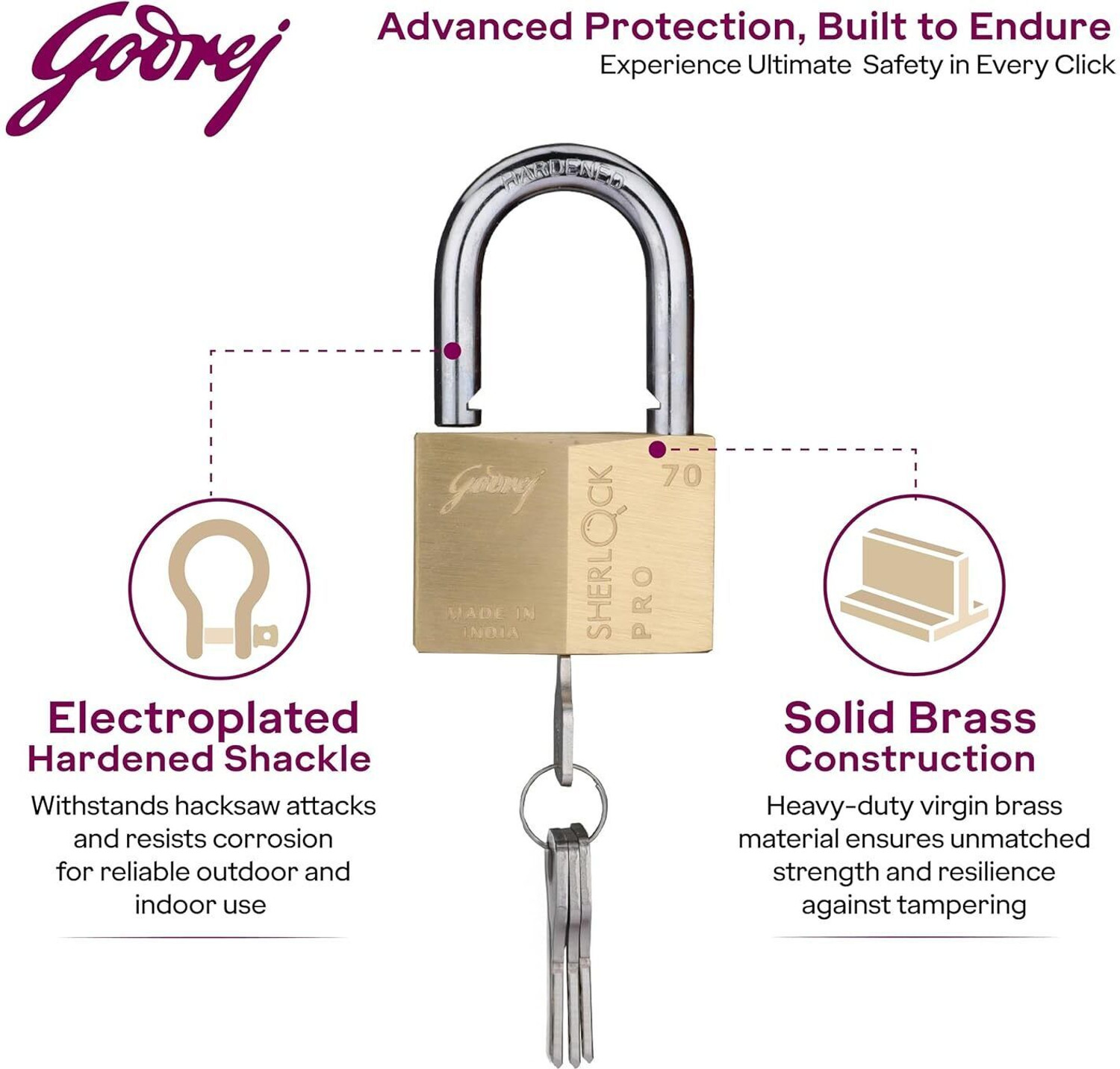 Image of Godrej Locks Sherlock Pro Padlock - 70mm with 4 keys Padlock