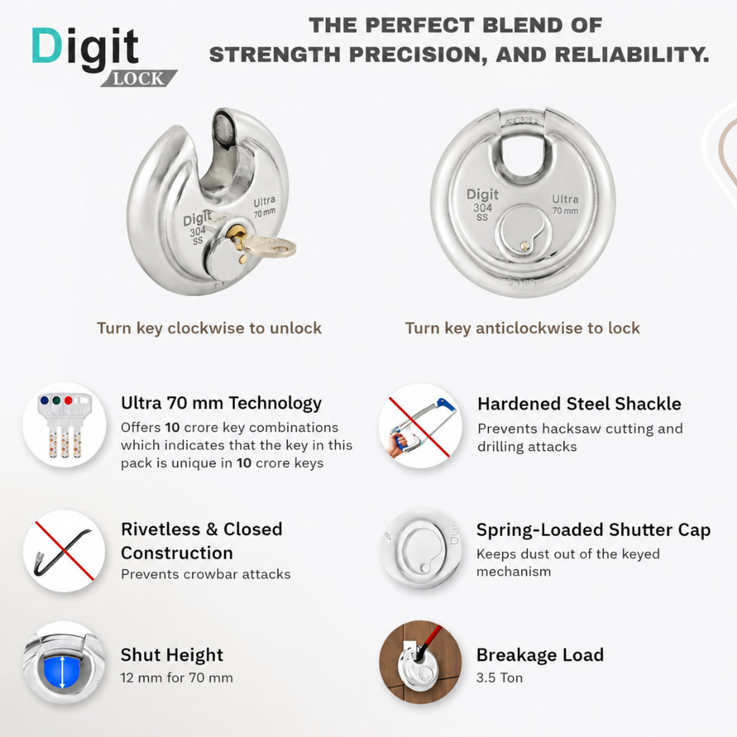 Image of DigitLocks 70 mm Stainless Steel Shutter Lock - 4 Brass Keys Lock