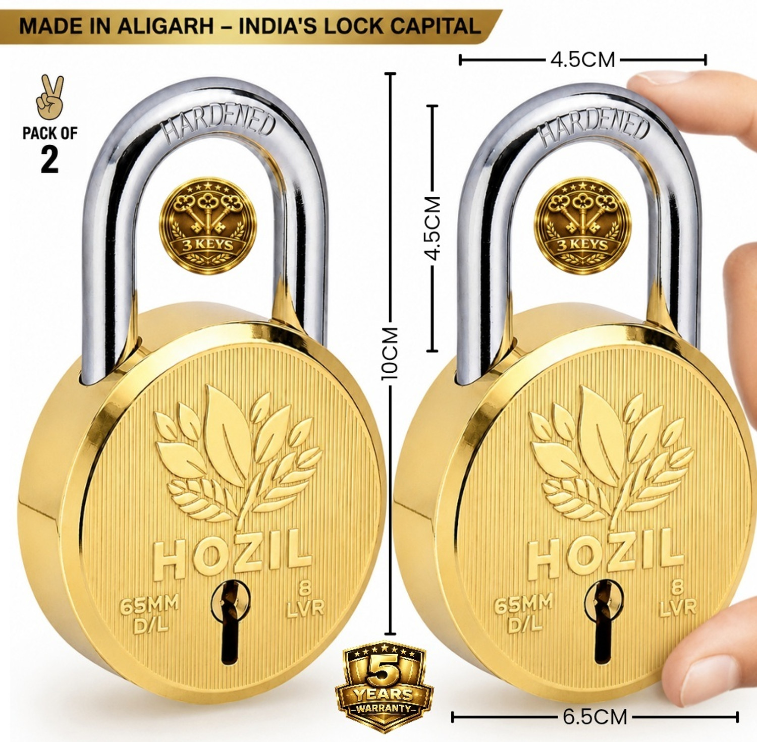 Image of HOZIL 65MM Lock | Hardened Shackle | Double Locking | 8 Levers (Pack of 2) Padlock