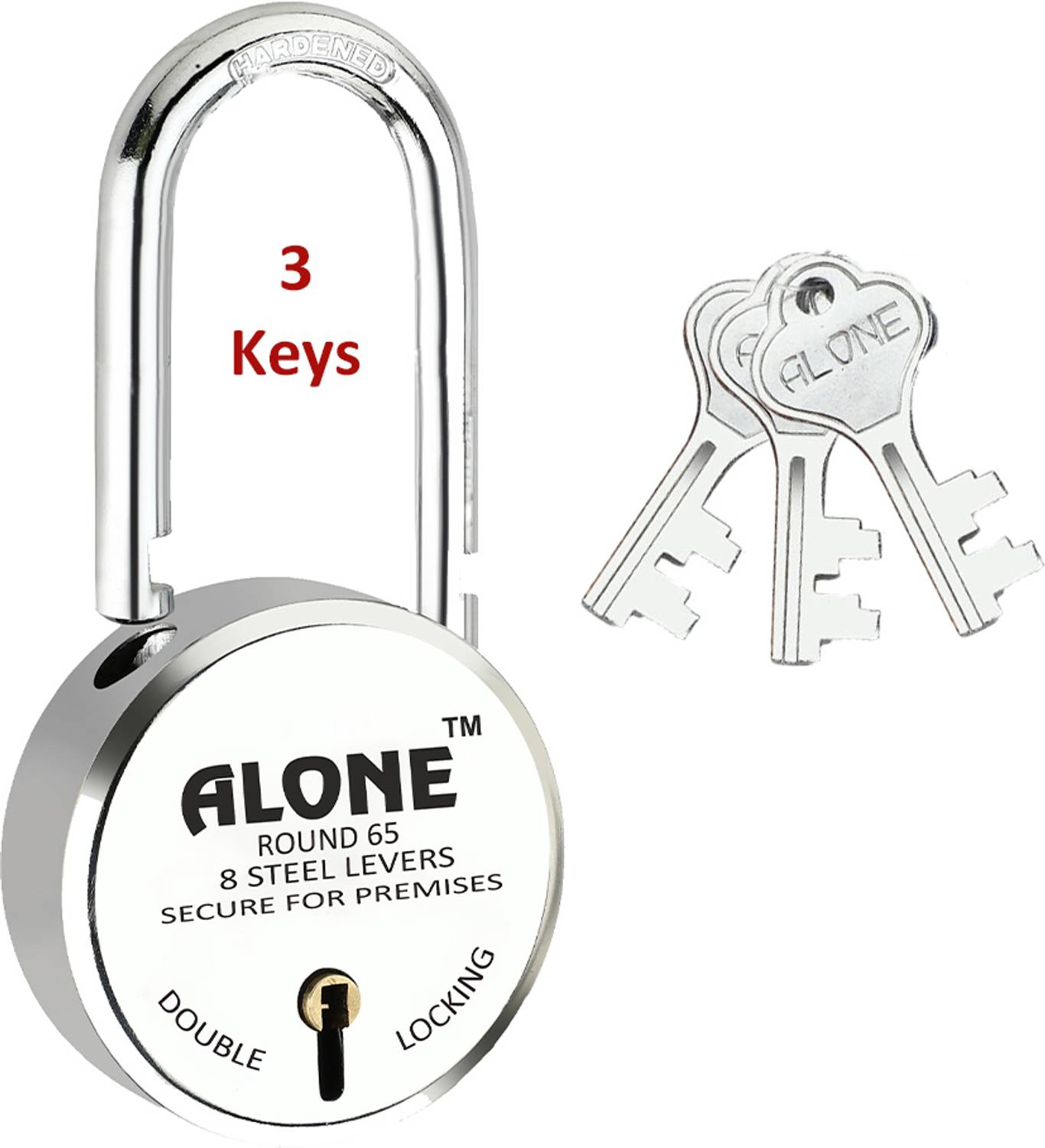 alone Round 65mm Long Shackle Padlock for Home Gate Shop & Shutter, D/L 3 Keys Padlock