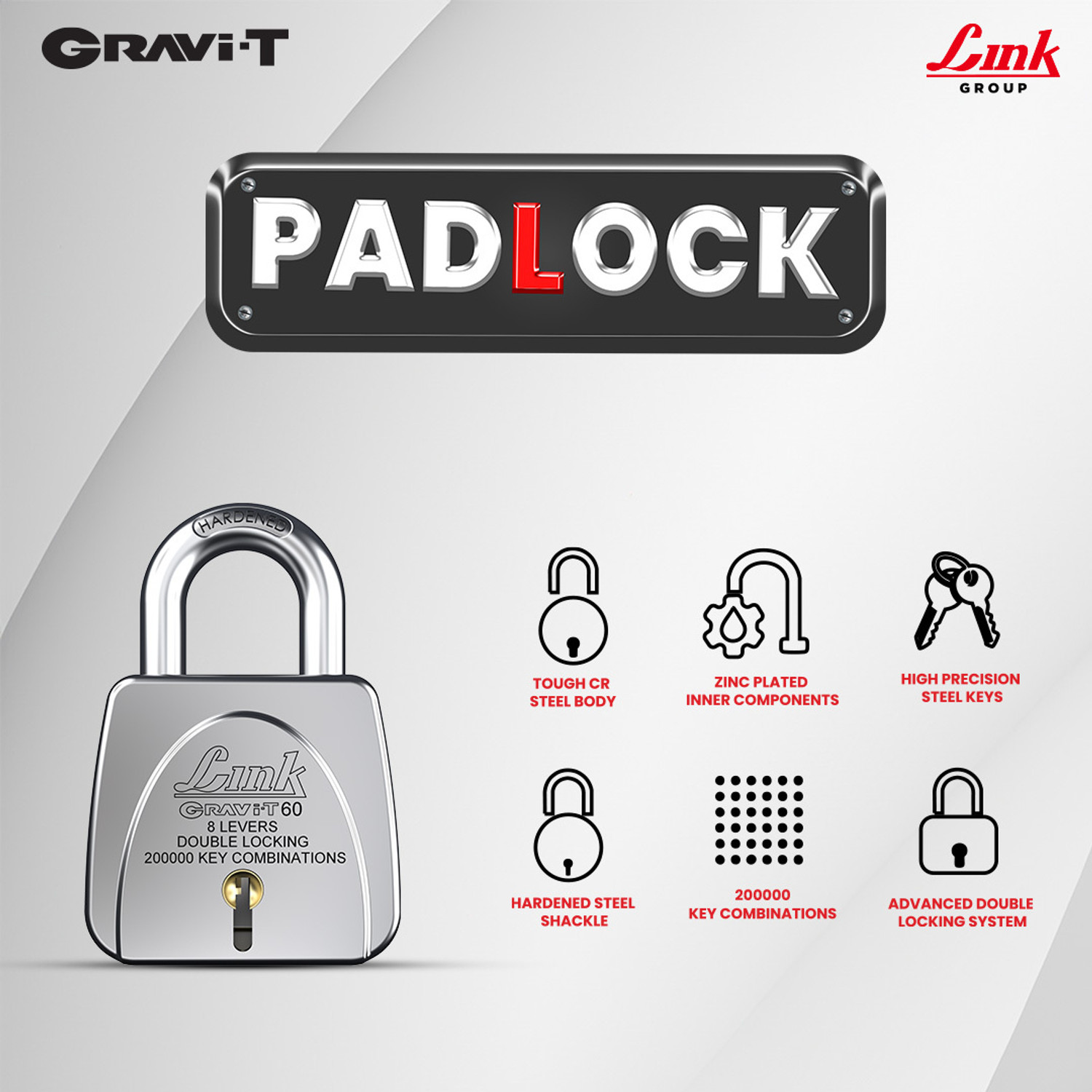 Image of Link Gravi-T 60mm Padlock | Lock For Door, office, Shop | Hardened Shackle Steel Body Padlock
