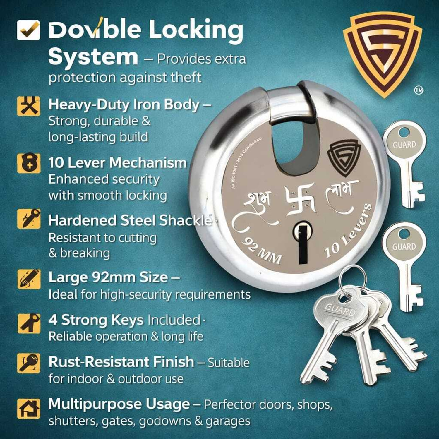 Image of spidro 92MM Subh Labh -1pc Heavy duty Shutter lock with 4 Keys Shutter Lock Padlock Lock