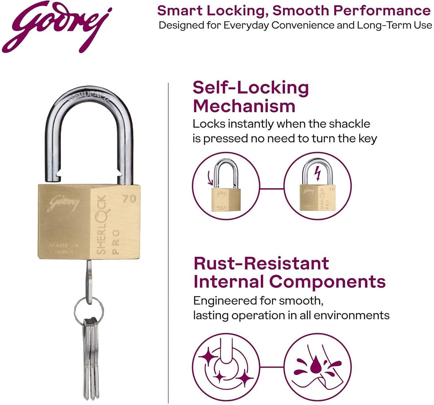Image of Godrej Locks Sherlock Pro Padlock - 70mm with 4 keys Padlock