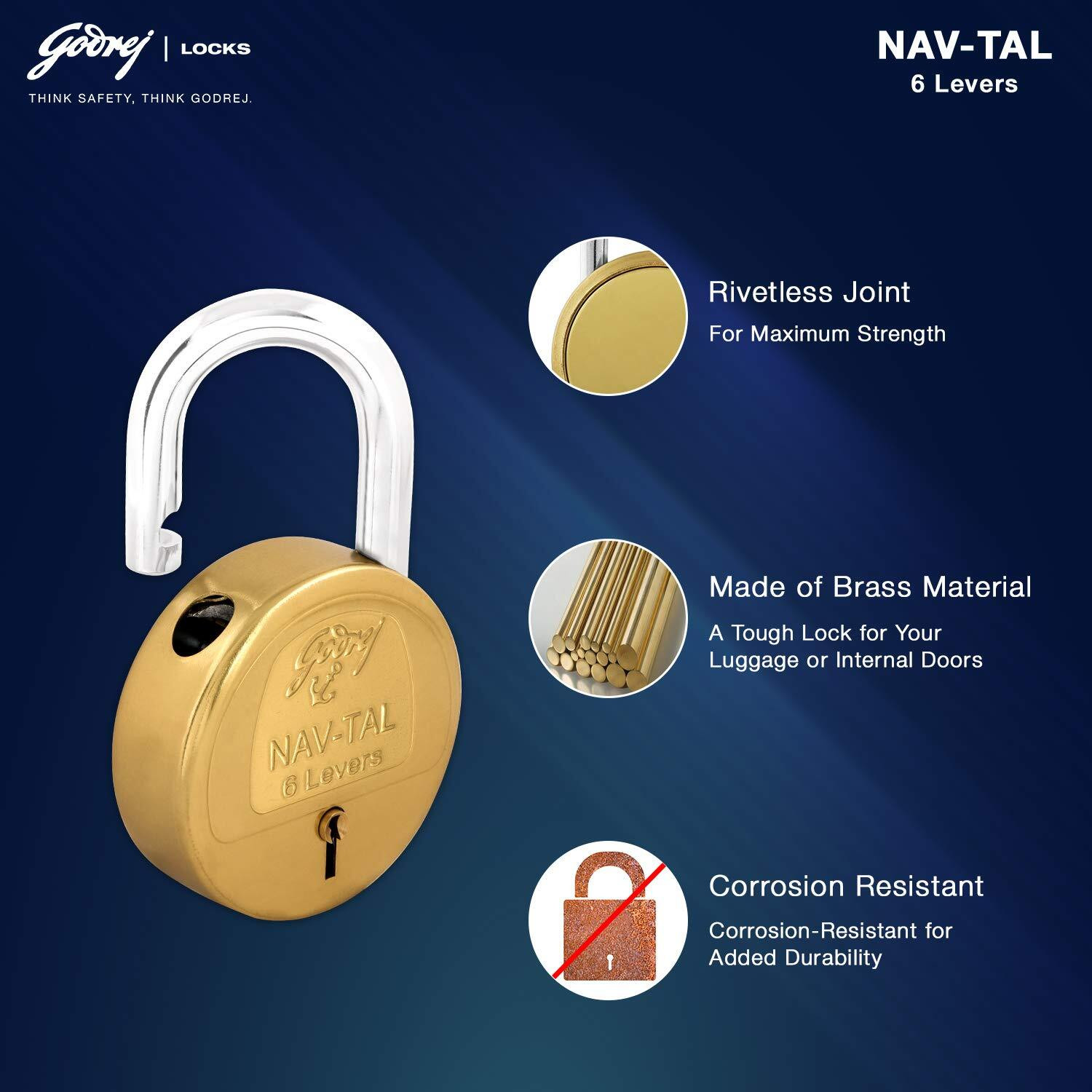 Image of Godrej Locks Navtal Lock 6 Levers Brass (3 KEYS) Padlock (Golden)