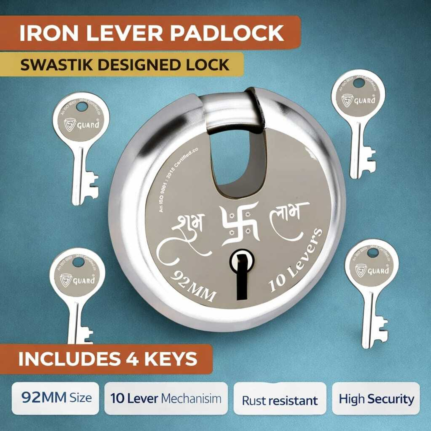 Image of spidro 92MM Subh Labh -1pc Heavy duty Shutter lock with 4 Keys Shutter Lock Padlock Lock