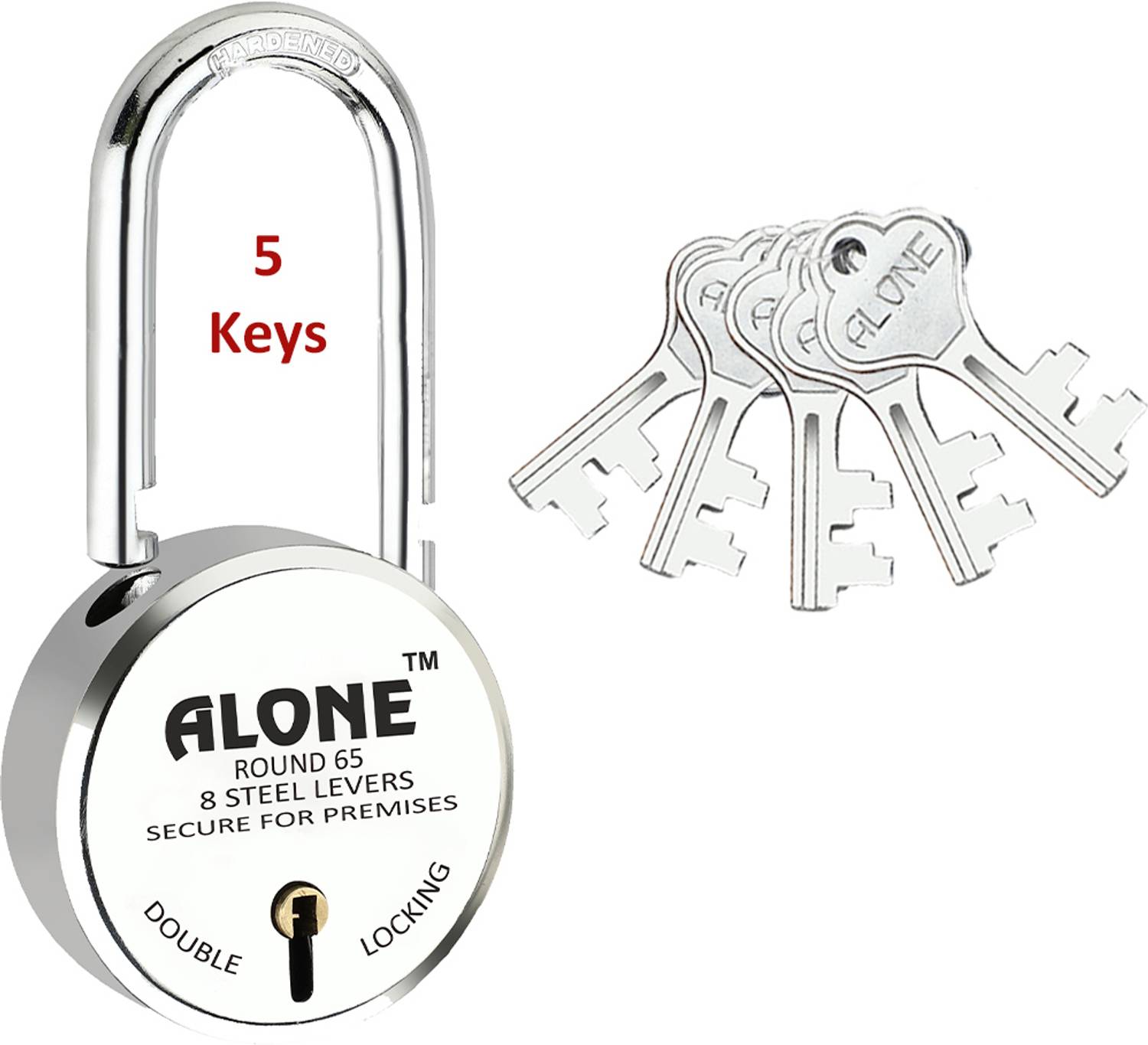 alone Round 65mm Long Shackle Padlock for Home Gate Shop & Shutter, D/L 5 Keys Padlock